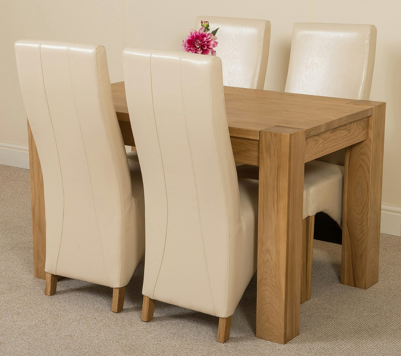 Rackhams Ivory Kuba Oak Dining Table With Lola Leather Chairs - 4 Chairs 125X80x77cm