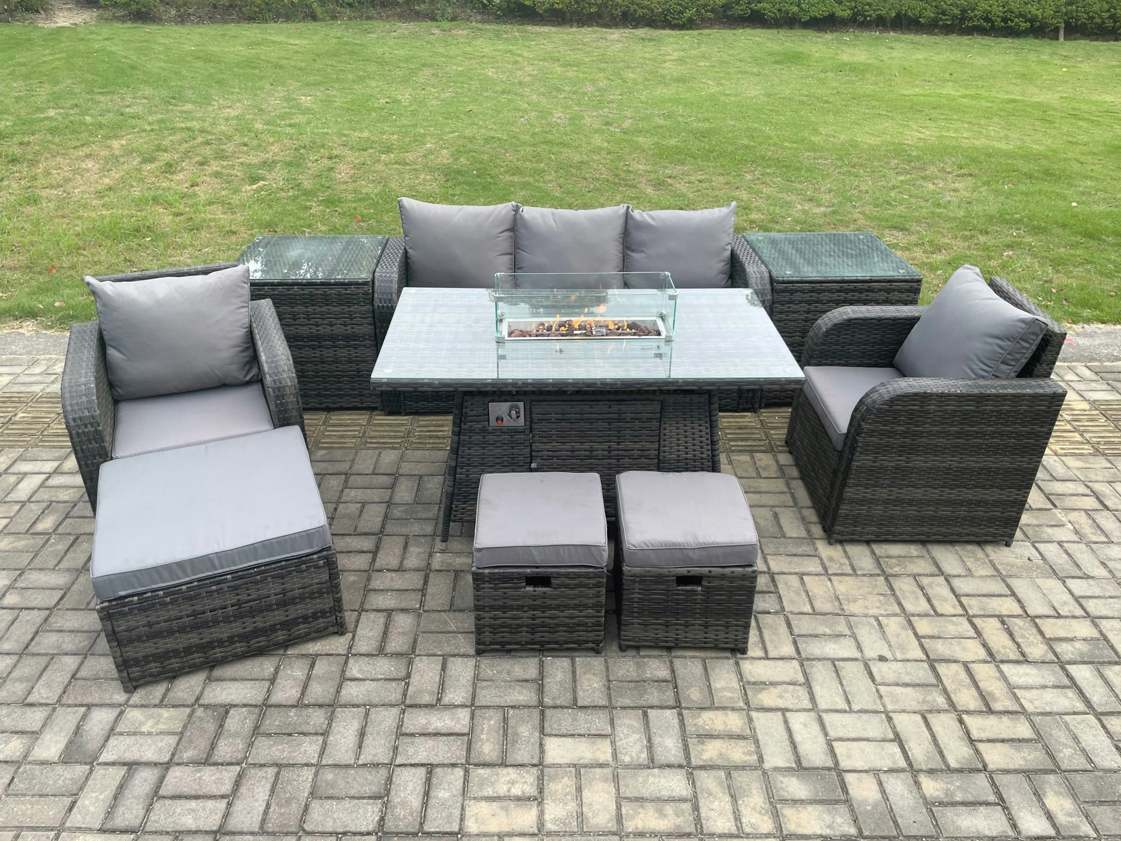 Fimous Dark/Grey Wicker Rattan Garden Furniture Sofa Set Gas Fire Pit Dining Table Indoor Outdoor With 2 Side Table Chair 3 Footstools