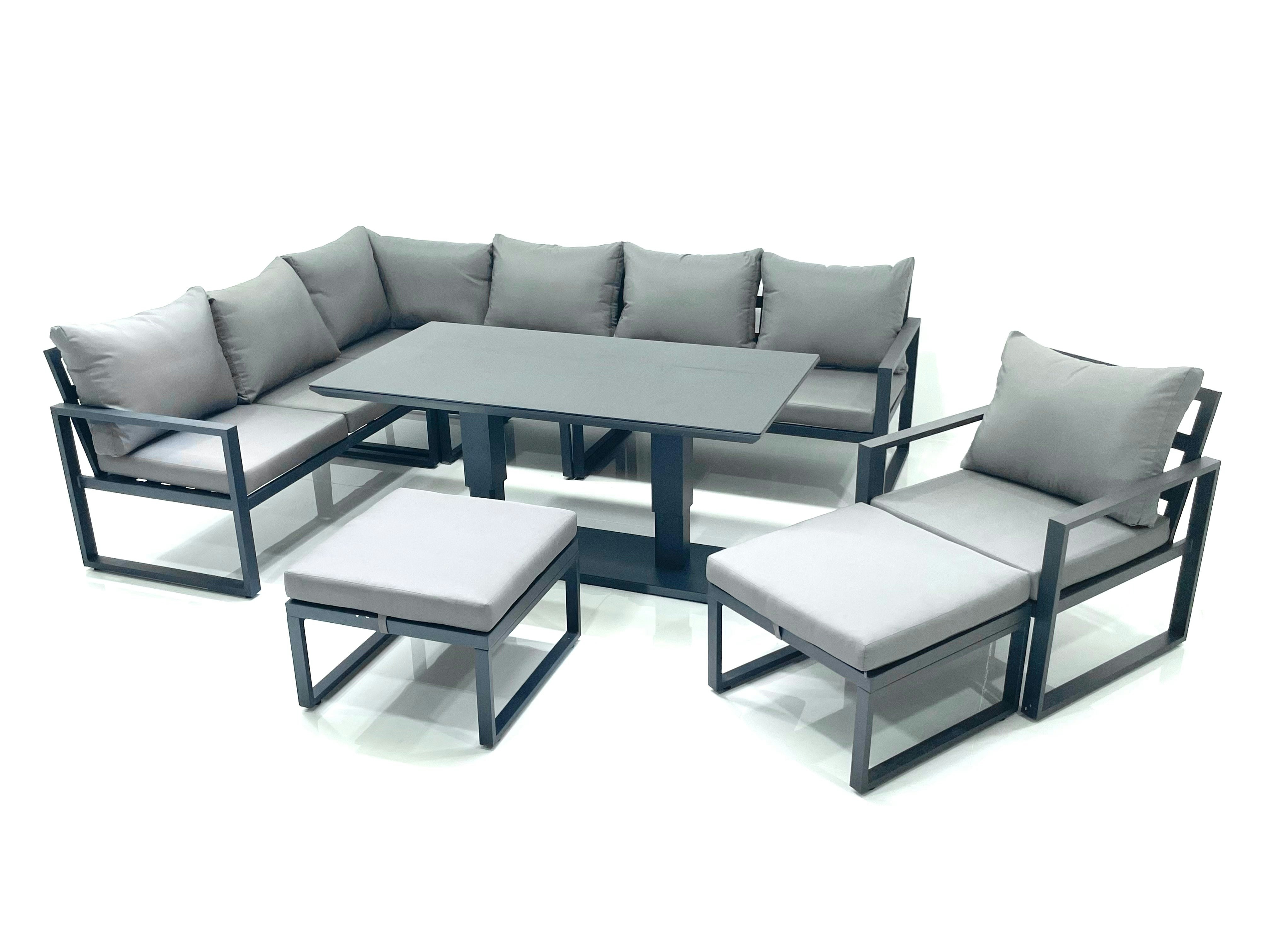 Rackhams Dark/Grey Aluminum Outdoor Garden Furniture Set Corner Sofa Chair 2 Big Footstools Adjustable Rising Lifting Dining Table Sets