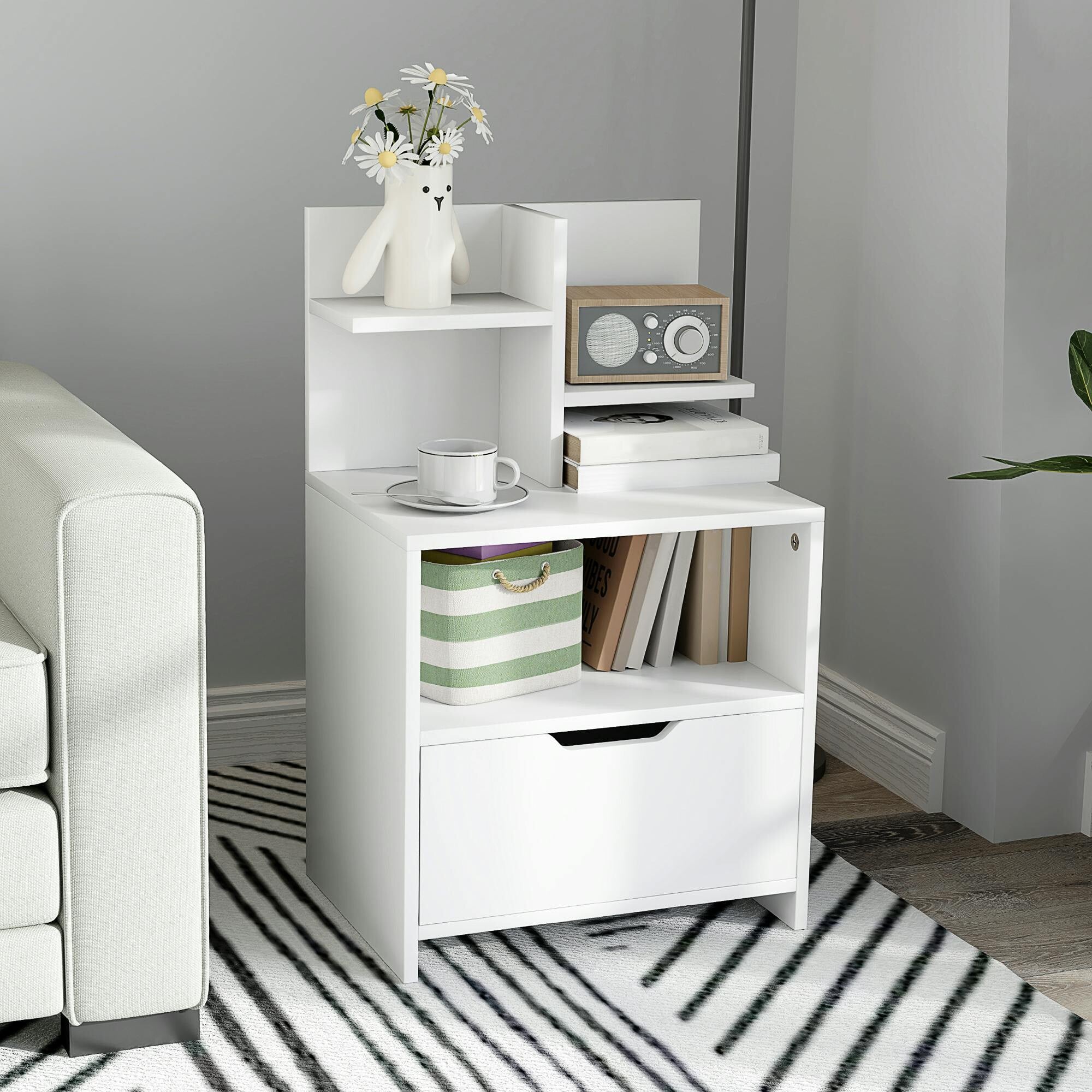 Rackhams White Modern Bedside Table, Nightstand With Drawer And Shelf,