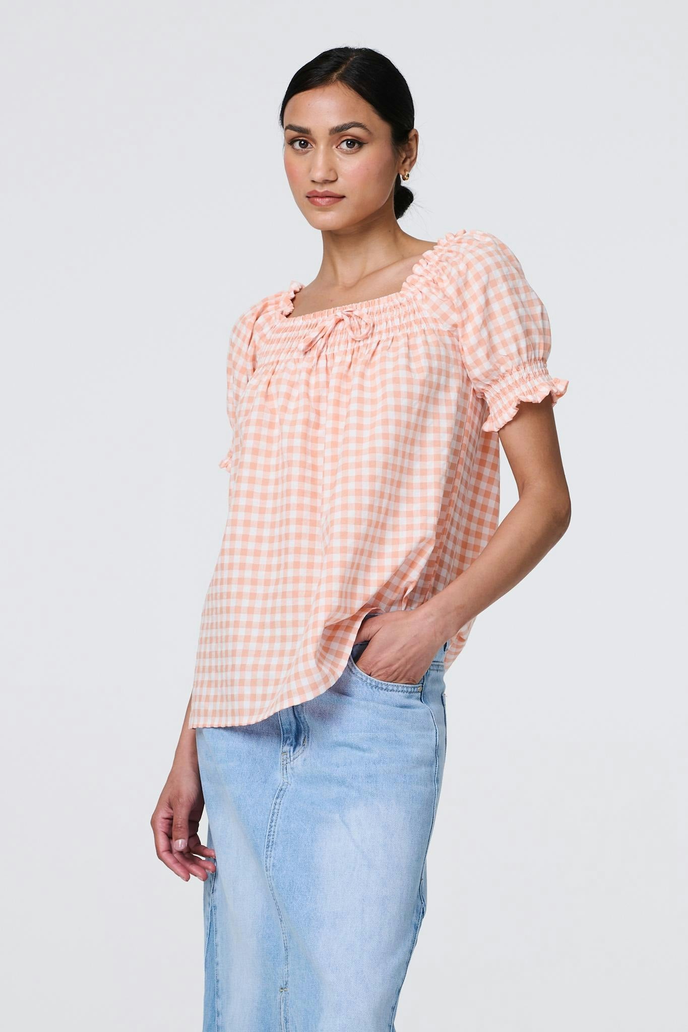 Izabel London Pink Gingham Check Puff Sleeve Blouse - 10