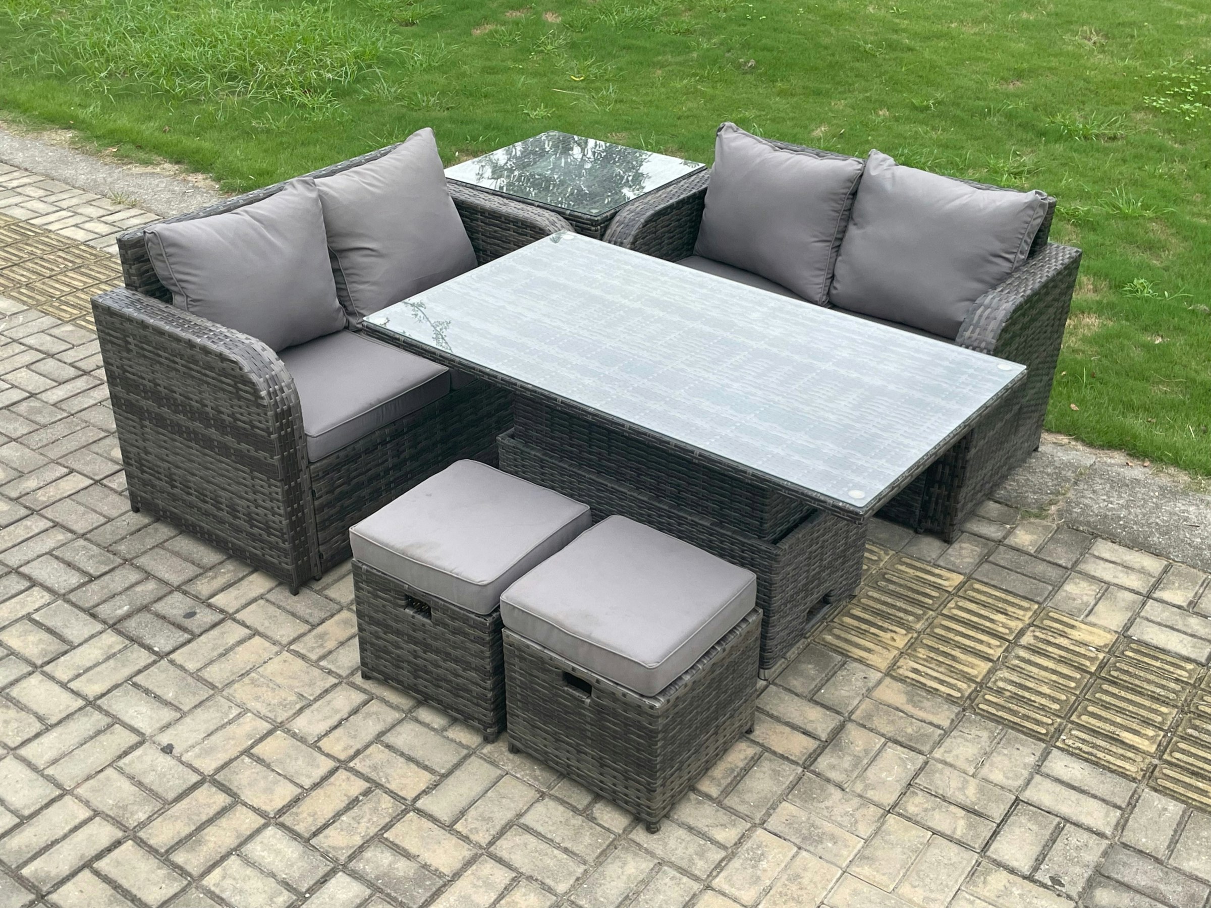 Fimous Dark/Grey Outdoor Rattan Garden Dining Set - Mixed Height Adjustable Rising Lifting Table Love Sofa Set With 2 Small Footstools