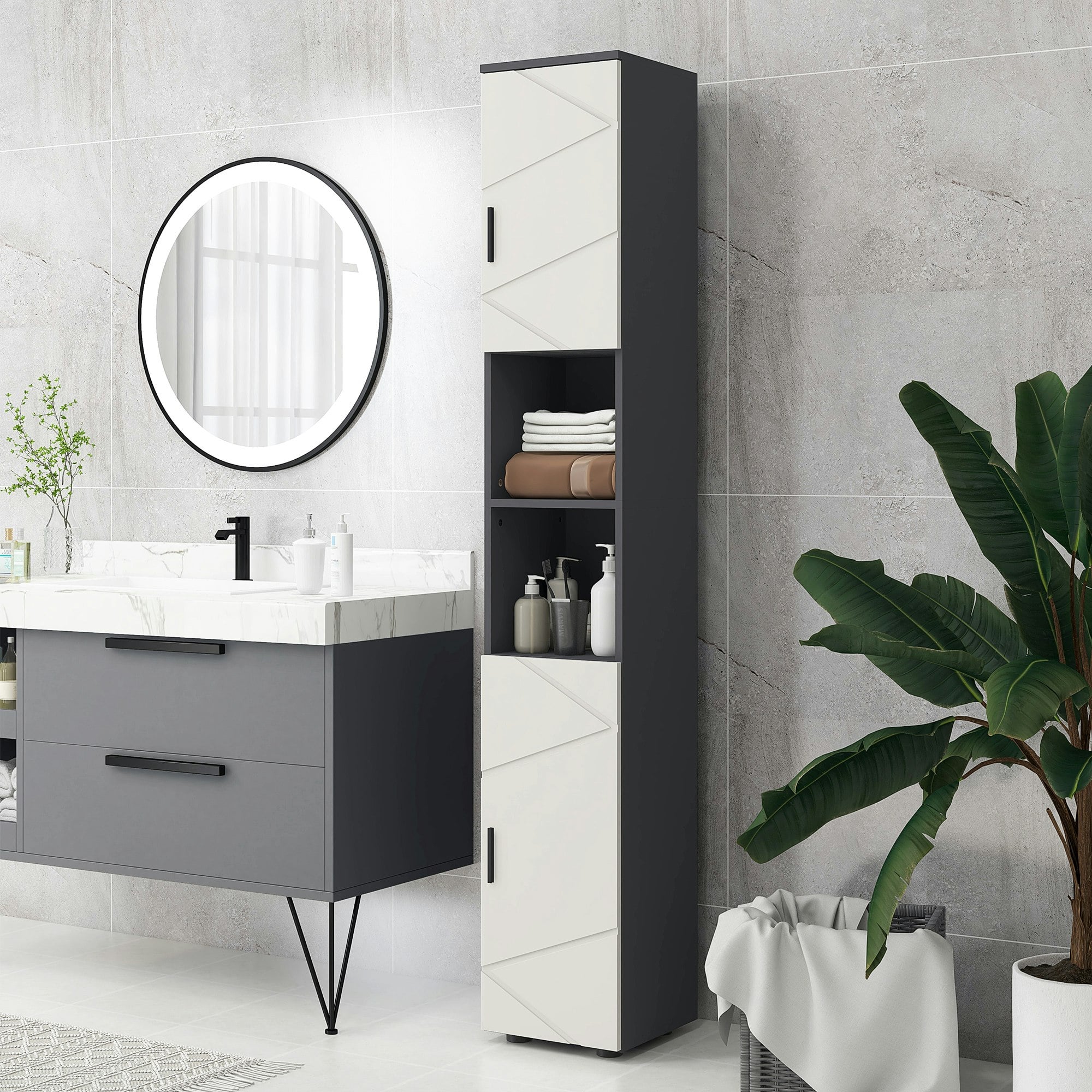 Rackhams Light/Grey Tall Bathroom Storage Cabinet, Slim Bathroom Cabinet With Soft Close