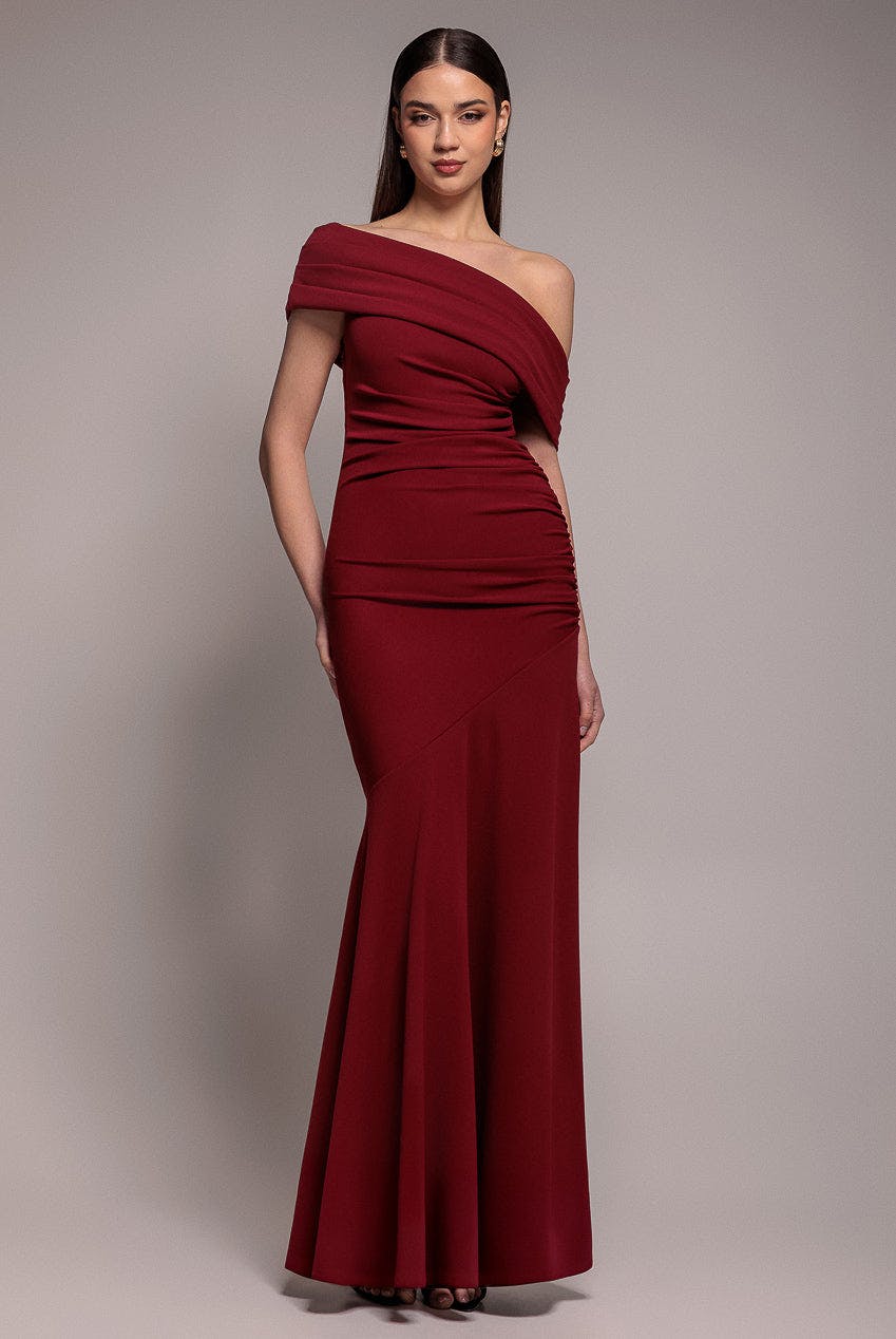 Goddiva Burgundy Pleated One Shoulder Bardot Fit And Flare Maxi Dress - By - 14
