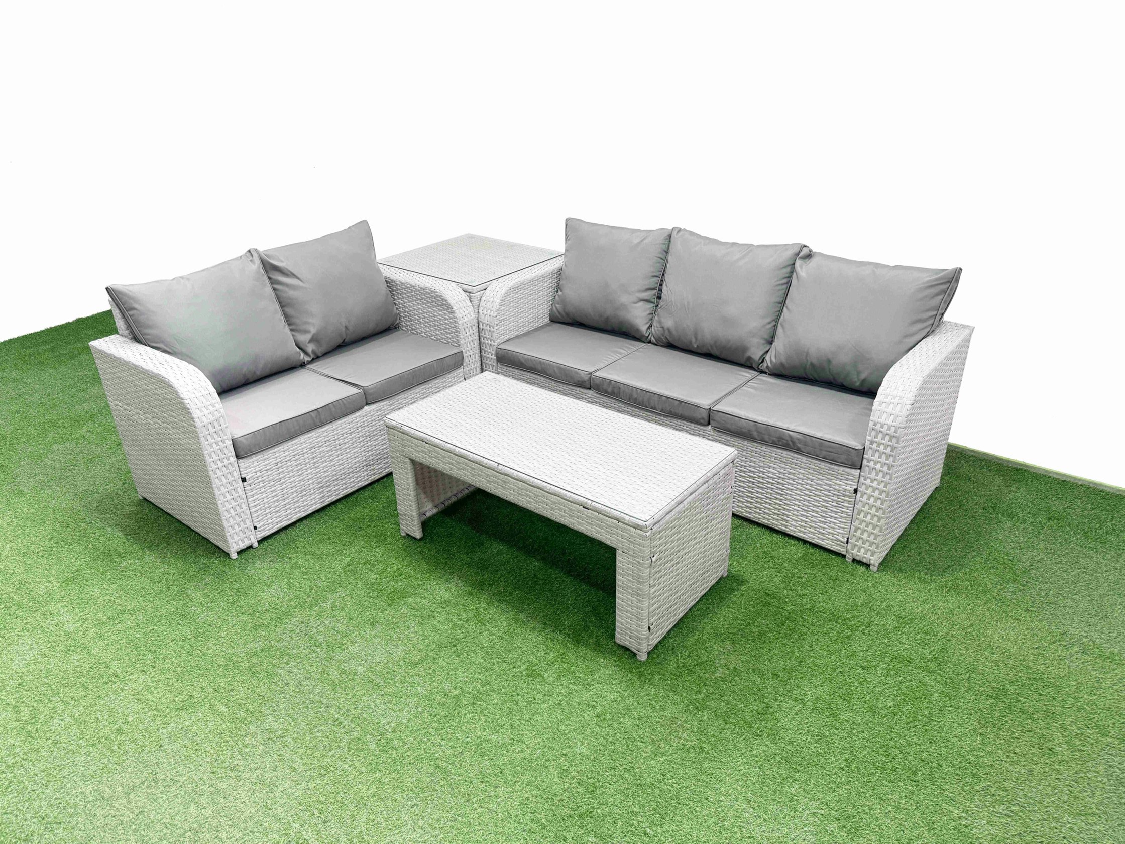 Rackhams Light/Grey/Dark 5 Seater Pe Rattan Wicker Garden Furniture Patio Conservatory Sofa Set With Oblong Coffee Table 3 Seater Sofa Love Sofa Side Table