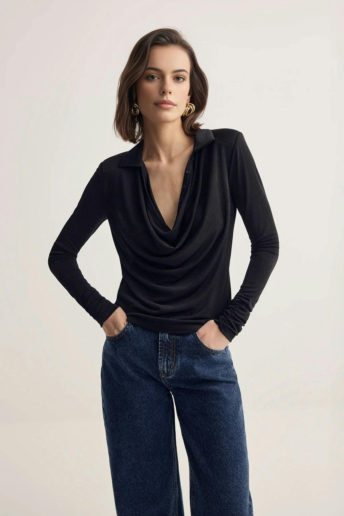 Wovcor Black V-Neck Knit Blouse - M