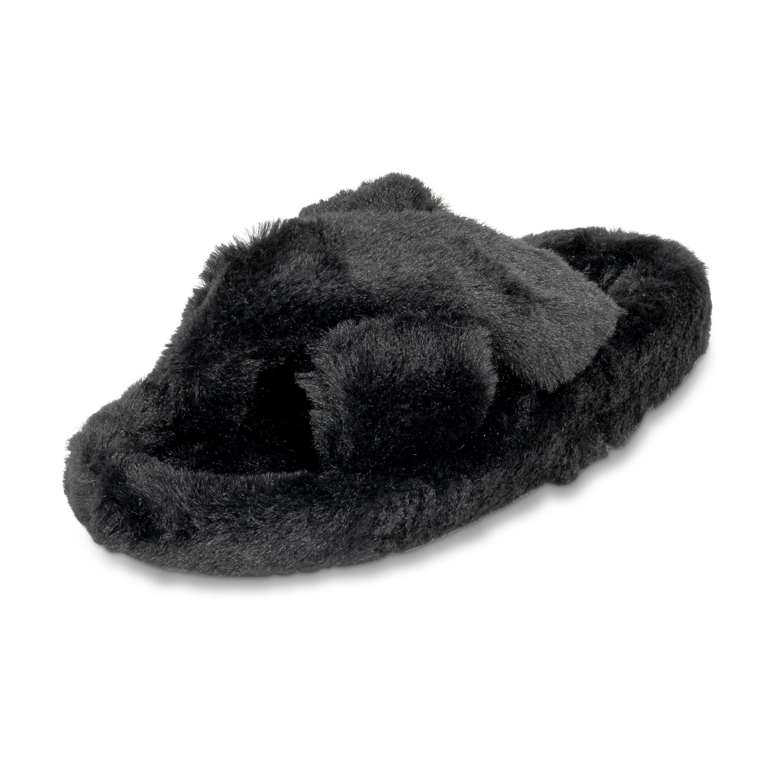 Viva Women's Black Polar Faux Fur Fluffy Plush Open Toe Slippers For Indoors - 6