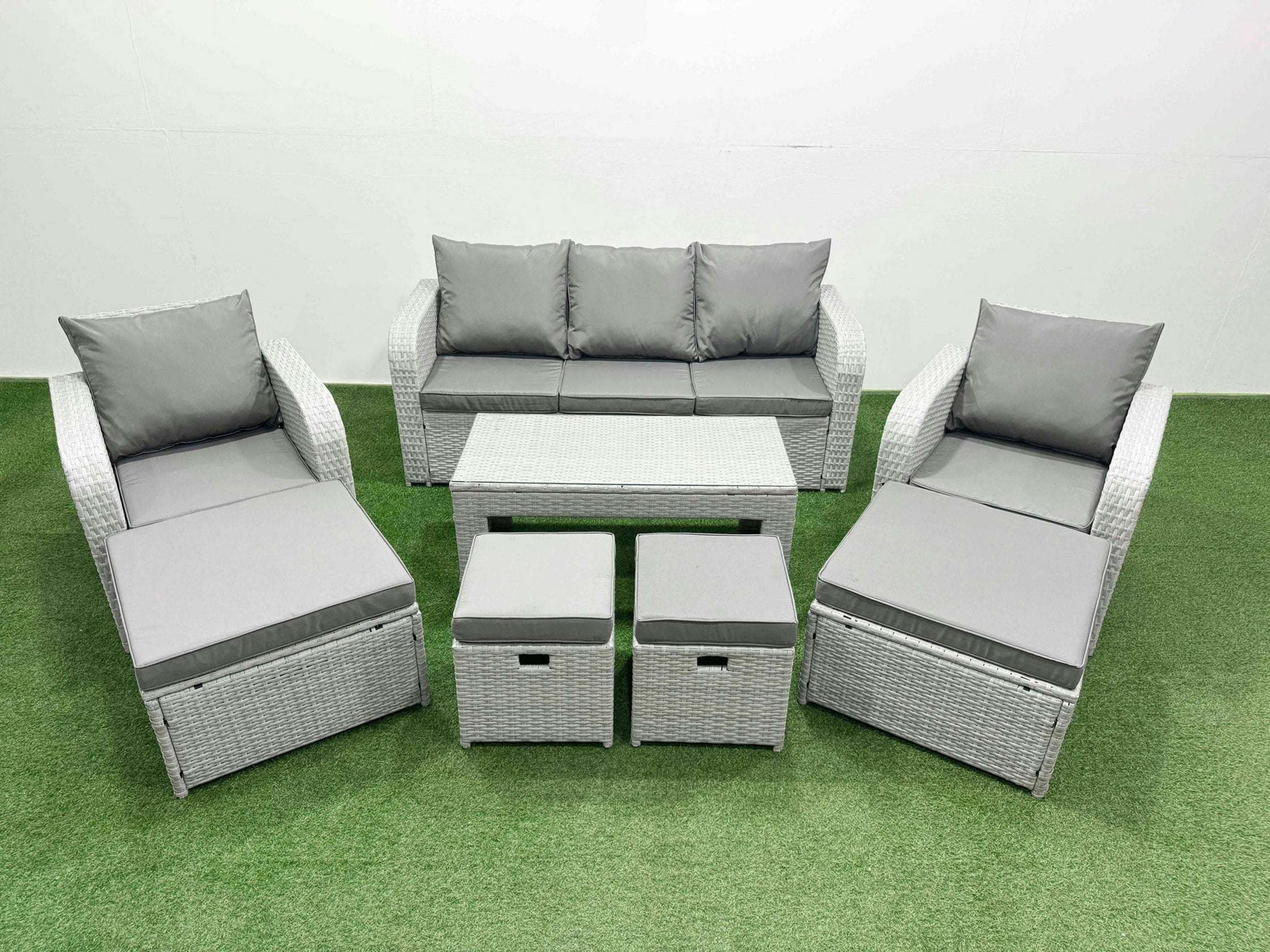 Rackhams Light/Grey Pe Wicker Rattan Furniture Sofa Sets With Oblong Coffee Table 3 Seater Sofa 4 Stools Mixed