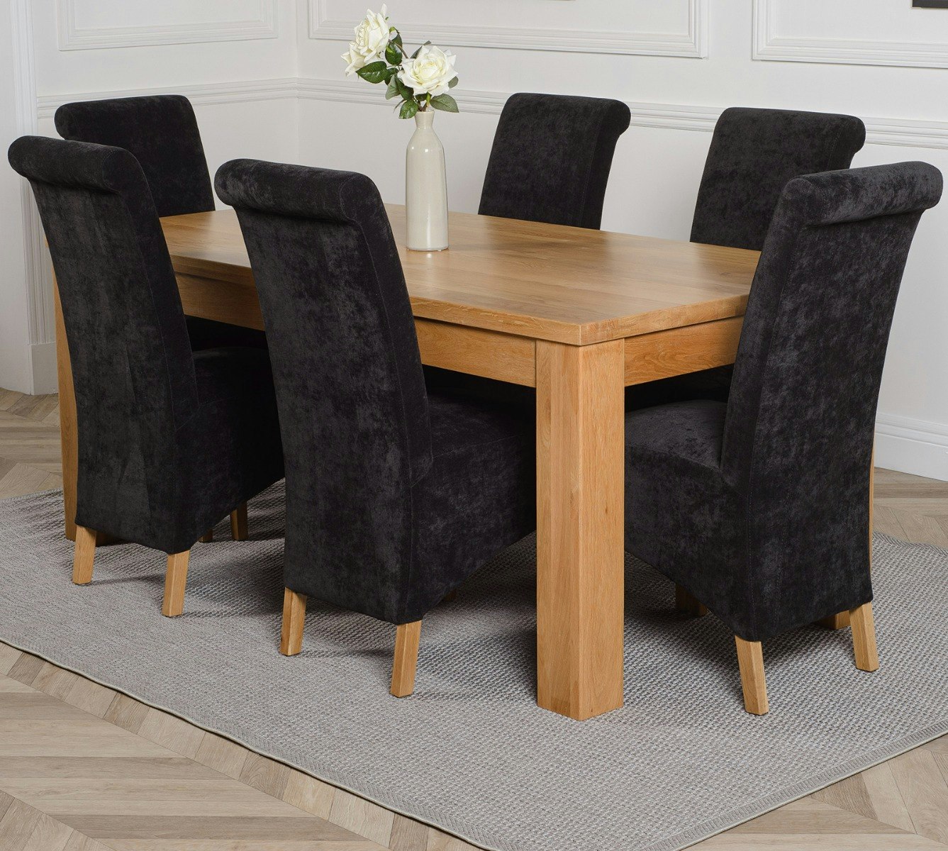 Rackhams Black Dakota Oak Dining Table With Montana Fabric Chairs - 6 Chairs Large