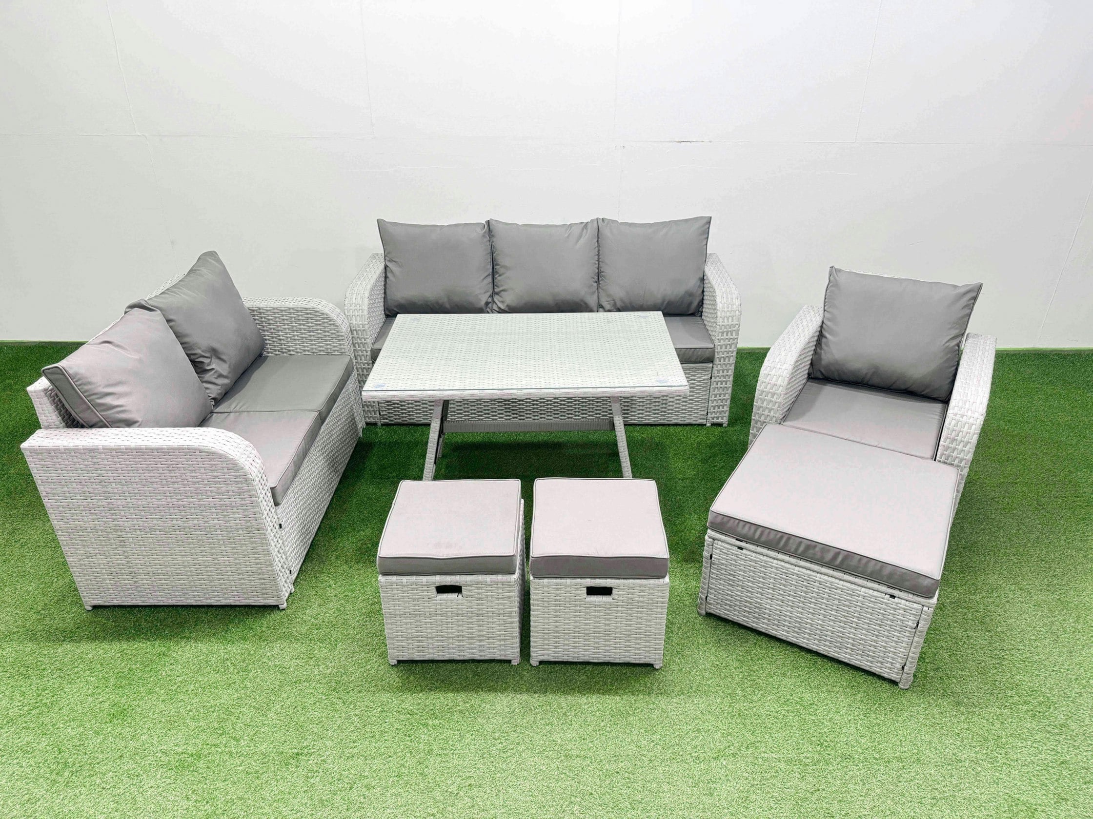 Rackhams Light/Grey Rattan High Back Lounge Sofa Set Patio Dining Table & Chairs Set With 3 Seater Sofa Reclining Chair 3 Stool