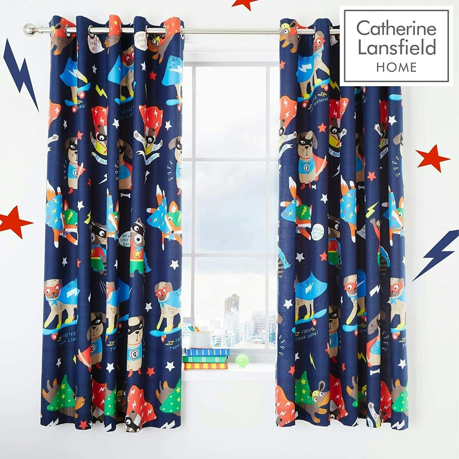 Catherine Lansfield Blue Super Dog Fully Lined Eyelet Curtains - 66X72" - Curtains