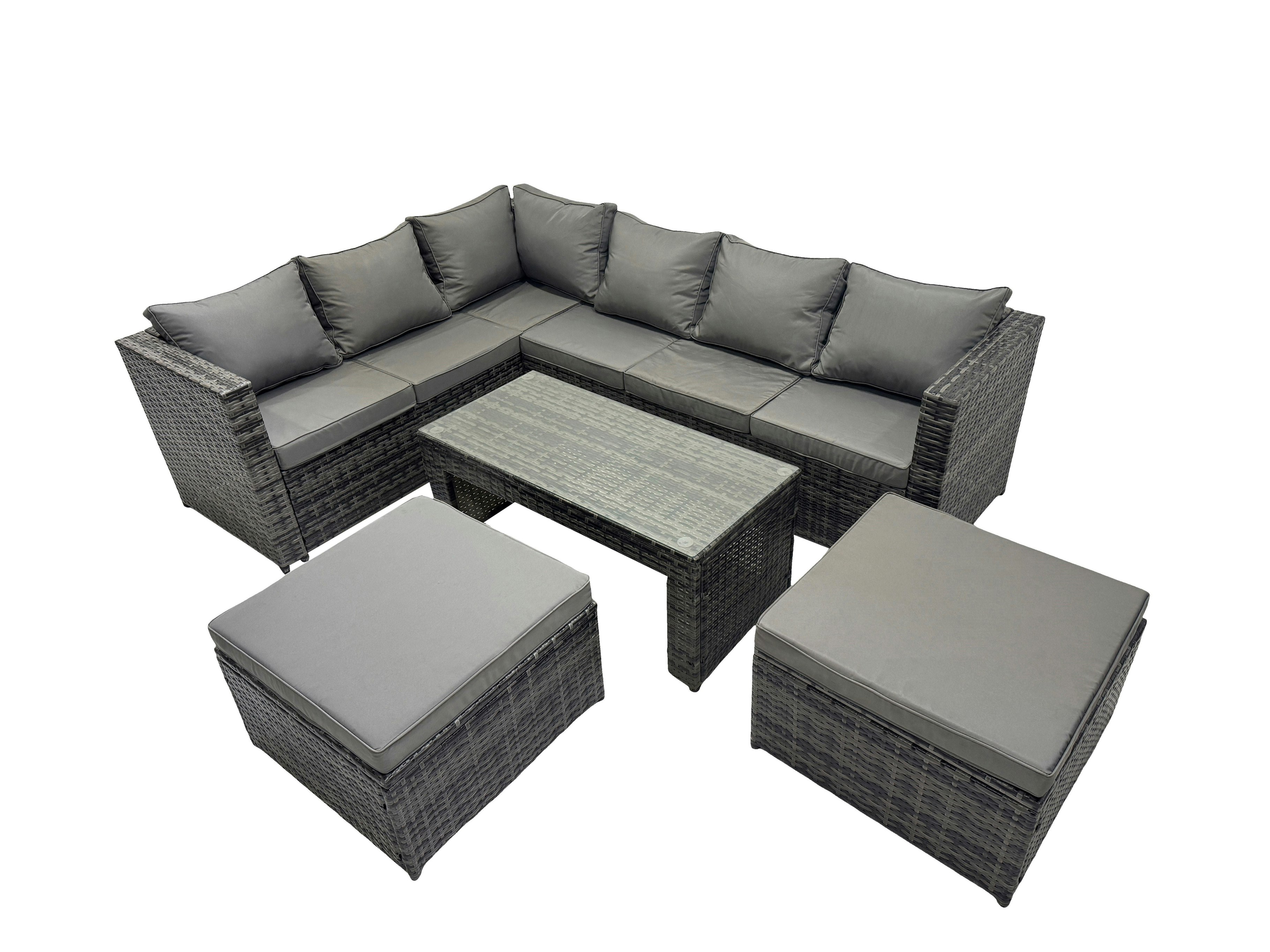 Rackhams Dark/Grey 5 Pieces Outdoor Pe Rattan Garden Furniture Corner Sofa Oblong Coffee Table Set With Cushions 2 Big Footstools Mixed