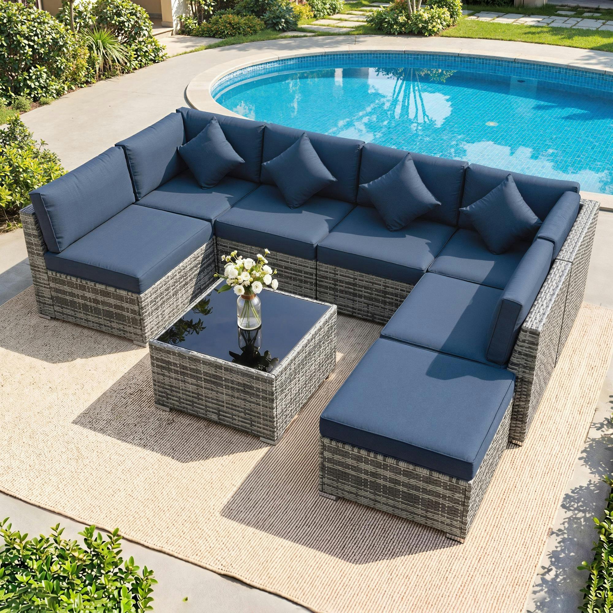Rackhams Dark/Blue 8 Pieces Patio Rattan Sofa Set, Garden Furniture Set - Rattan Sofa Set - 8 - Pe Rattan, Steel, Tempered Glass