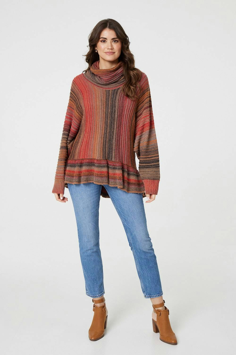 Izabel London Orange Striped Oversized Frill Roll Neck Jumper - S/M