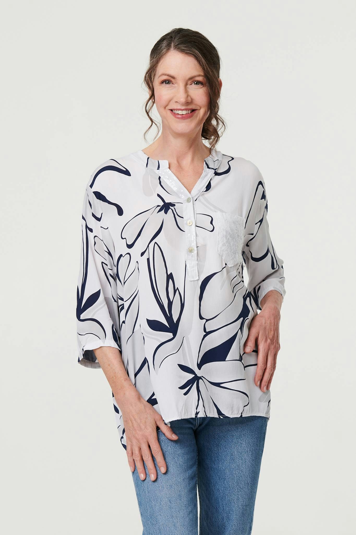 Izabel London White Floral Sequin Detail Relaxed Blouse - Size 10