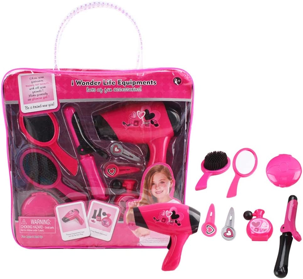 Deao Toys Girls Hairdressing And Vanity Handbag Beauty Set Styling Pretend Makeup And Hair Accessories Playset