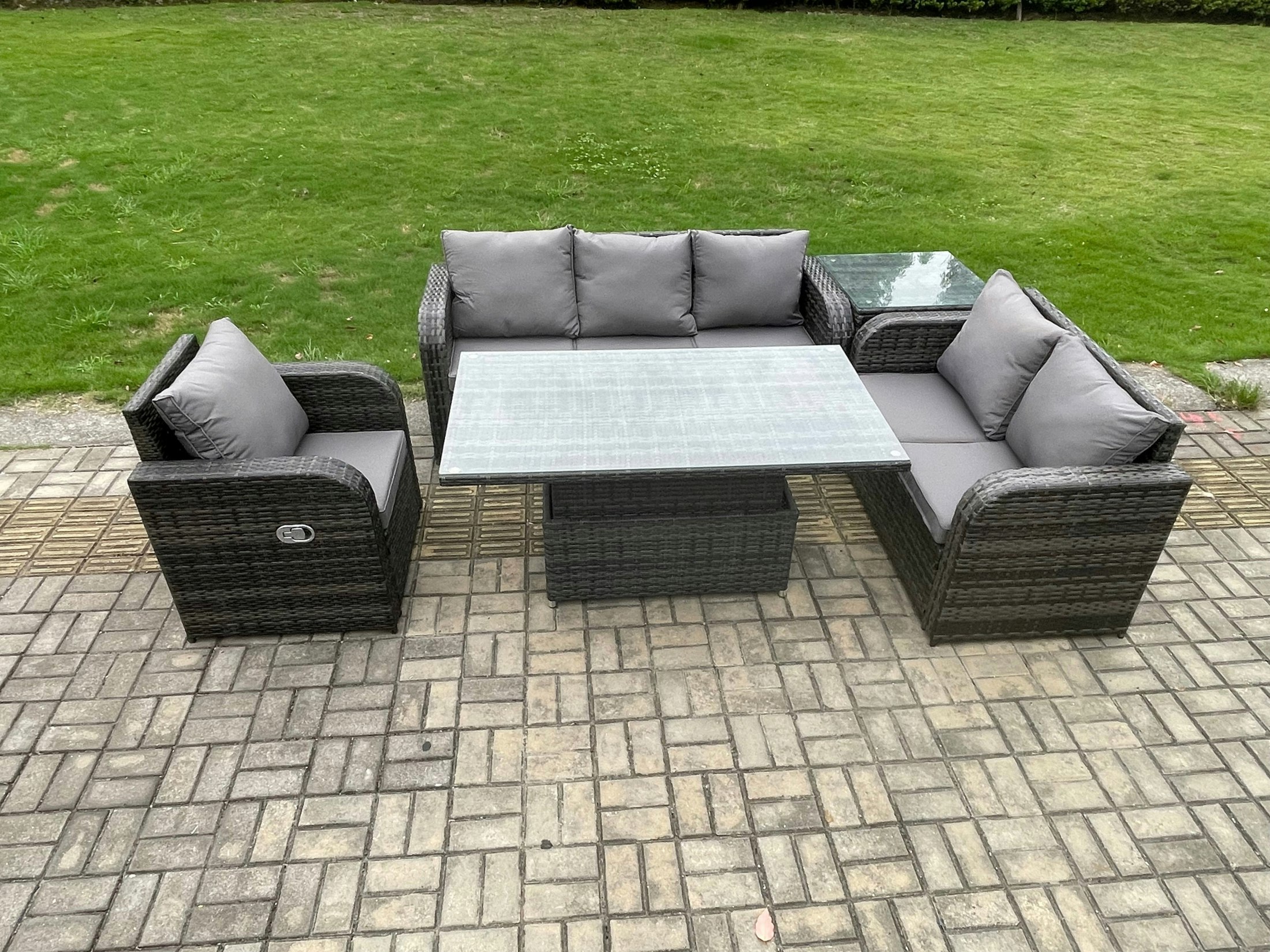 Fimous Dark/Grey Outdoor Rattan Furniture Garden Dining Set Patio Height Adjustable Rising Lifting Table Reclining Chair Sofa With Side Table Mixed