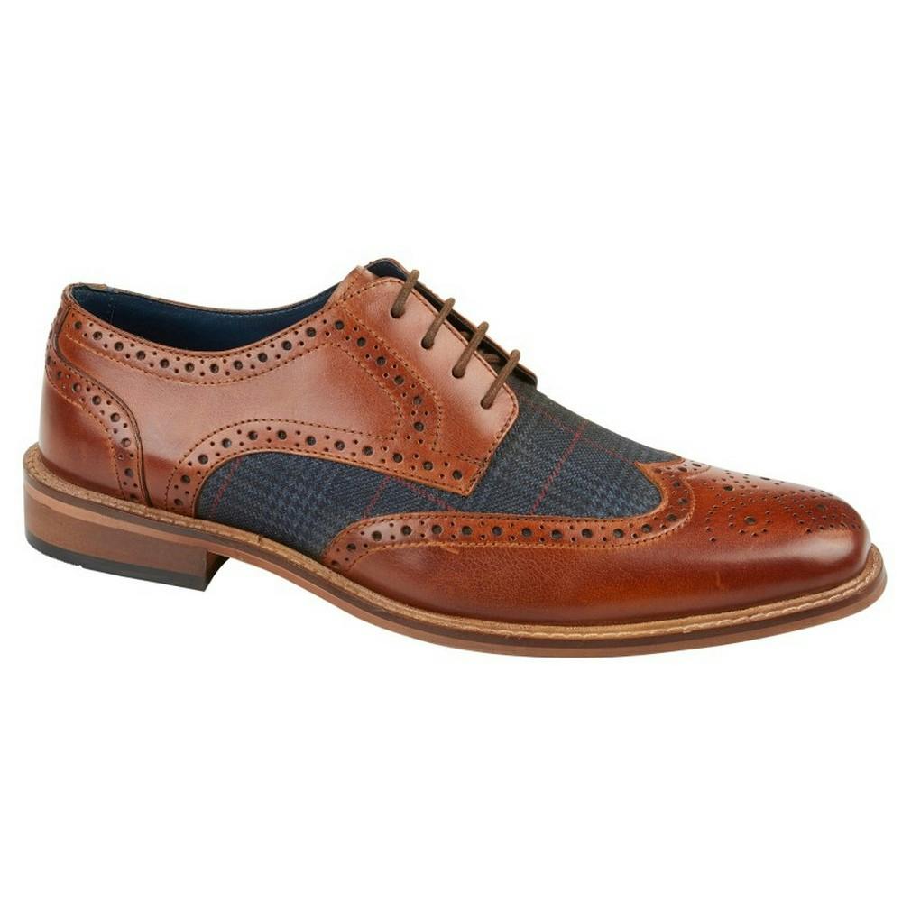 Roamers Men's Checked Leather Brogues - Tan - Tan - 10 Uk - 70% Leather/10% Textile/10% Pu/10% Tunit