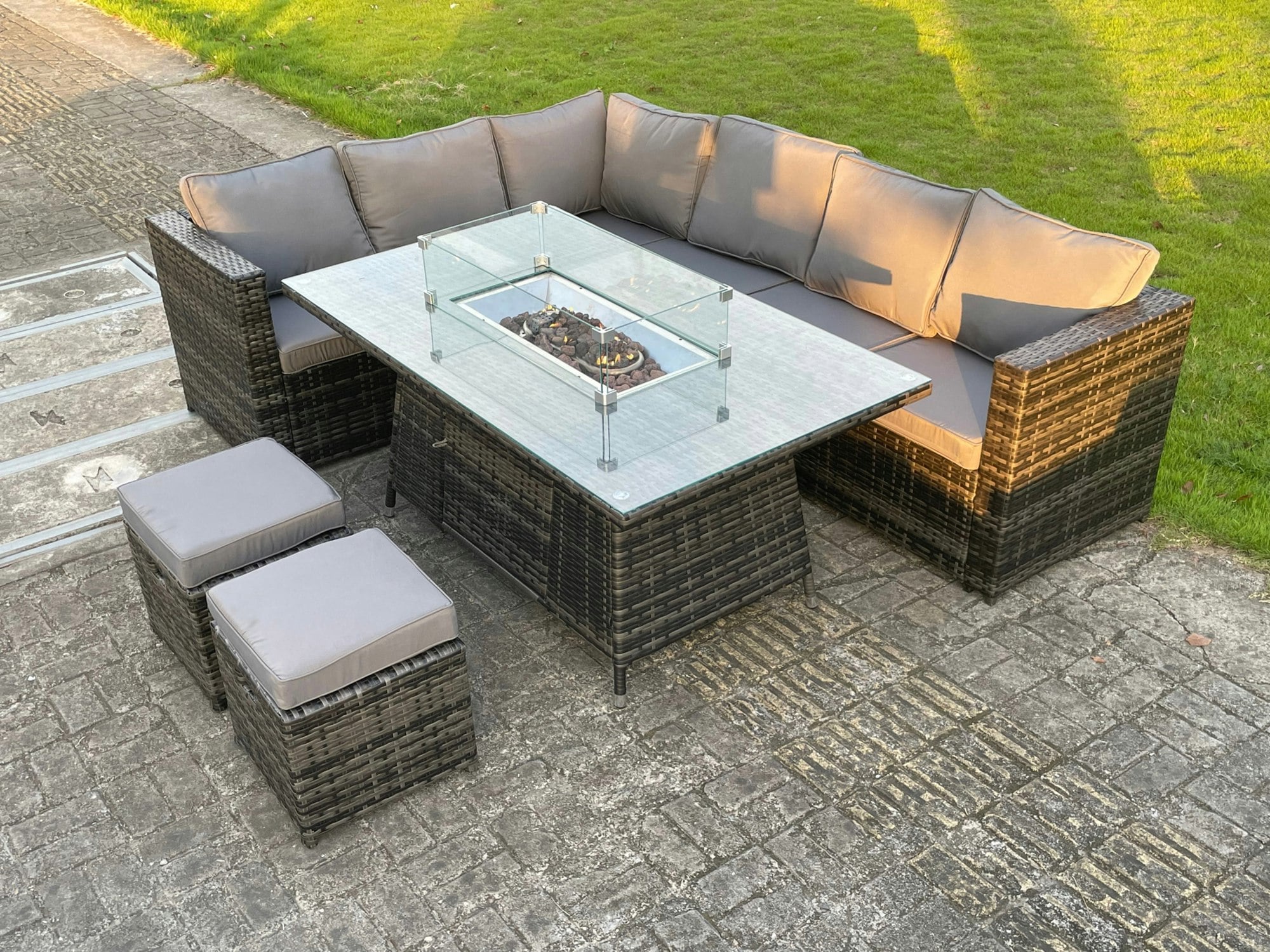 Fimous Dark/Grey Outdoor Rattan Garden Corner Furniture Gas Fire Pit Table Sets Gas Heater Lounge Small Footstools 8 Seater