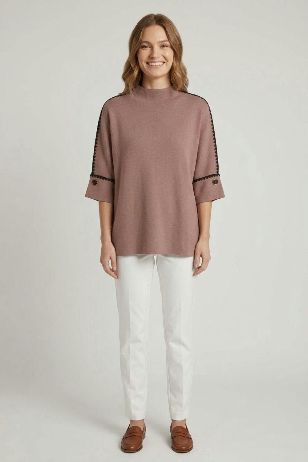 Izabel London Brown Contrast Trim 3/4 Sleeve Jumper - S/M