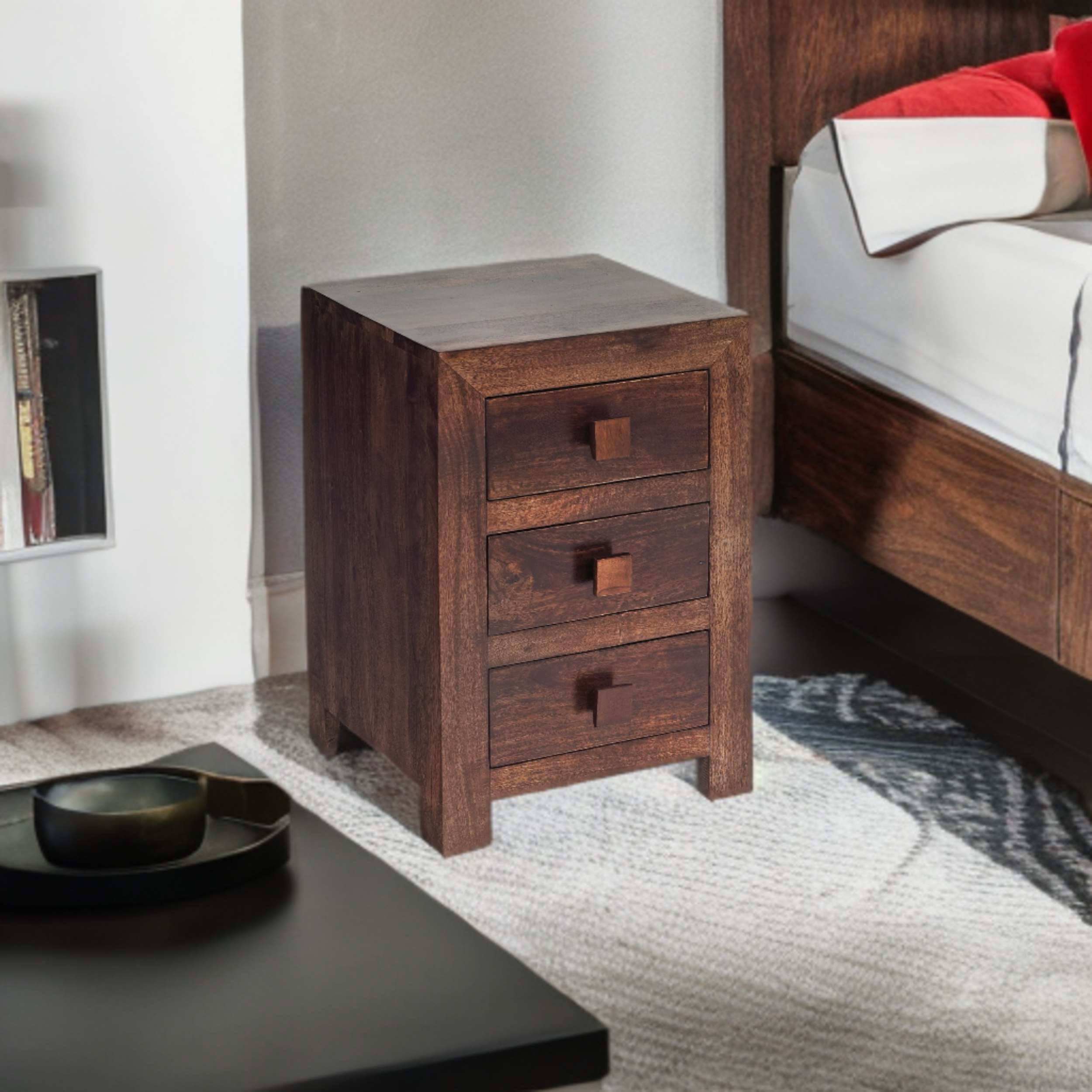 Rackhams Grain Mary Mango Wood 3 Drawer Bedside Table - Wood - 1 - 42X40x62cm Wxdxh