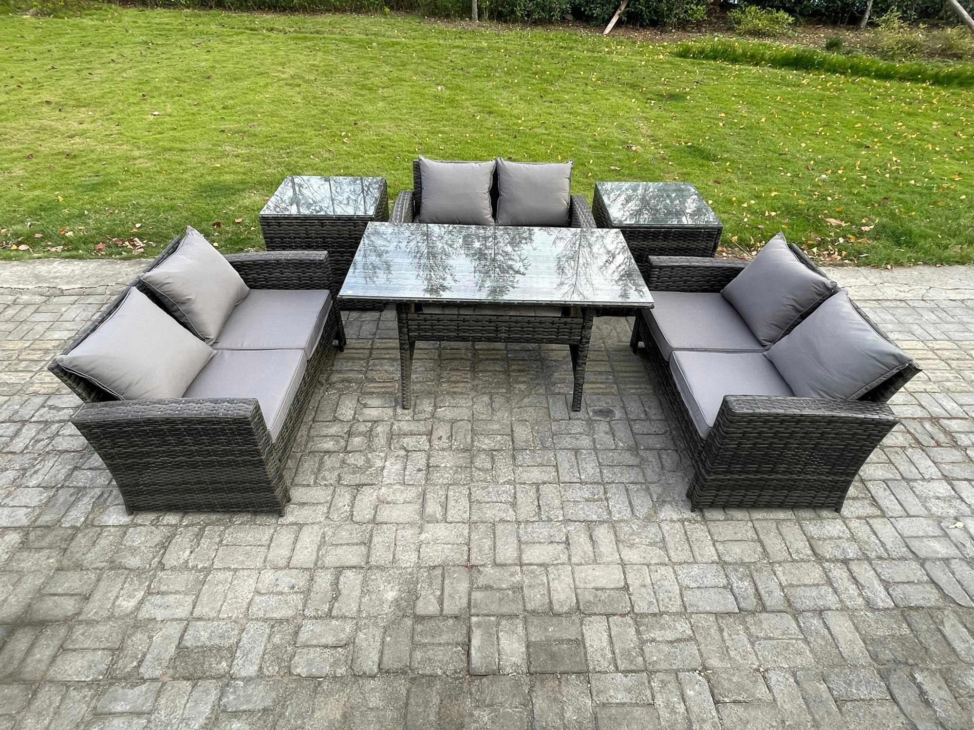 Rackhams Dark/Grey 6 Seater Wicker Pe Rattan Garden Furniture Sets Outdoor Lounge Sofa Set With Oblong Dining Table Double Seat Sofa 2 Side Tables Mixed