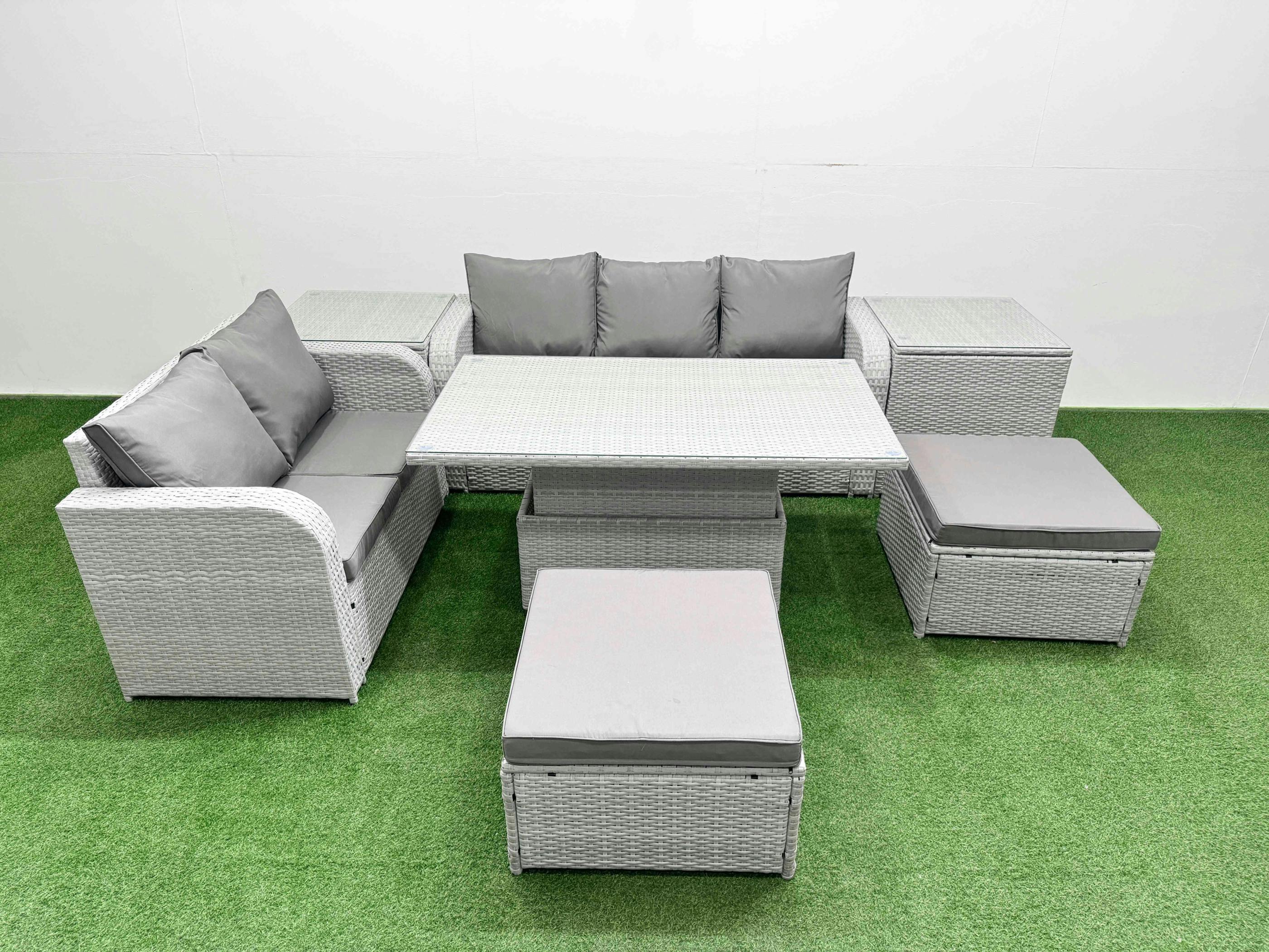 Rackhams Light/Grey 7 Seater Wicker Lounge Set, Garden Furniture, Adj Height Table, 3 Seater Sofa, Love Sofa, 2 Big Footstools And 2 Side Tables,