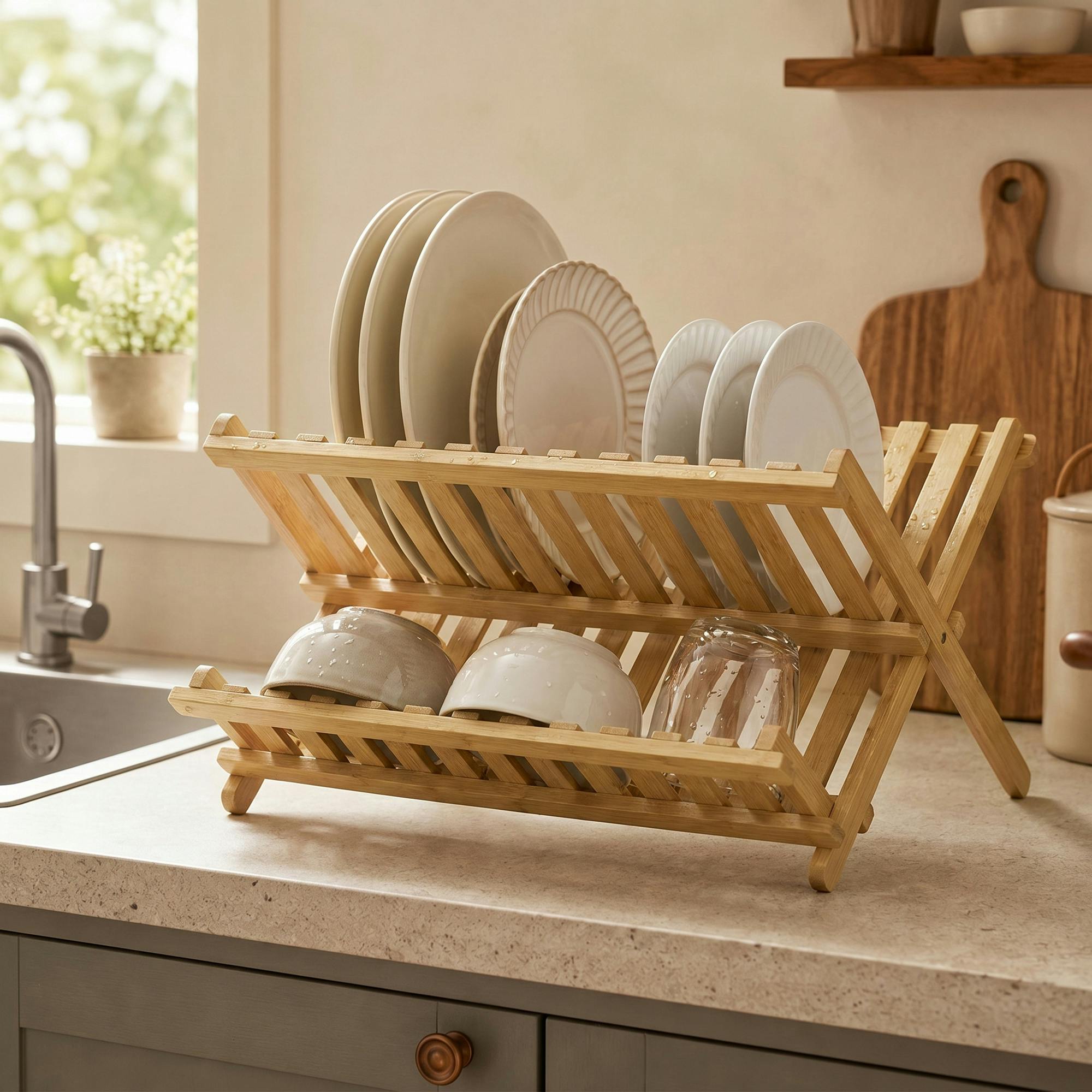 Rackhams 2-Tier Kitchen Storage Unit With Slatted Draining Shelves, Natural - 30.5