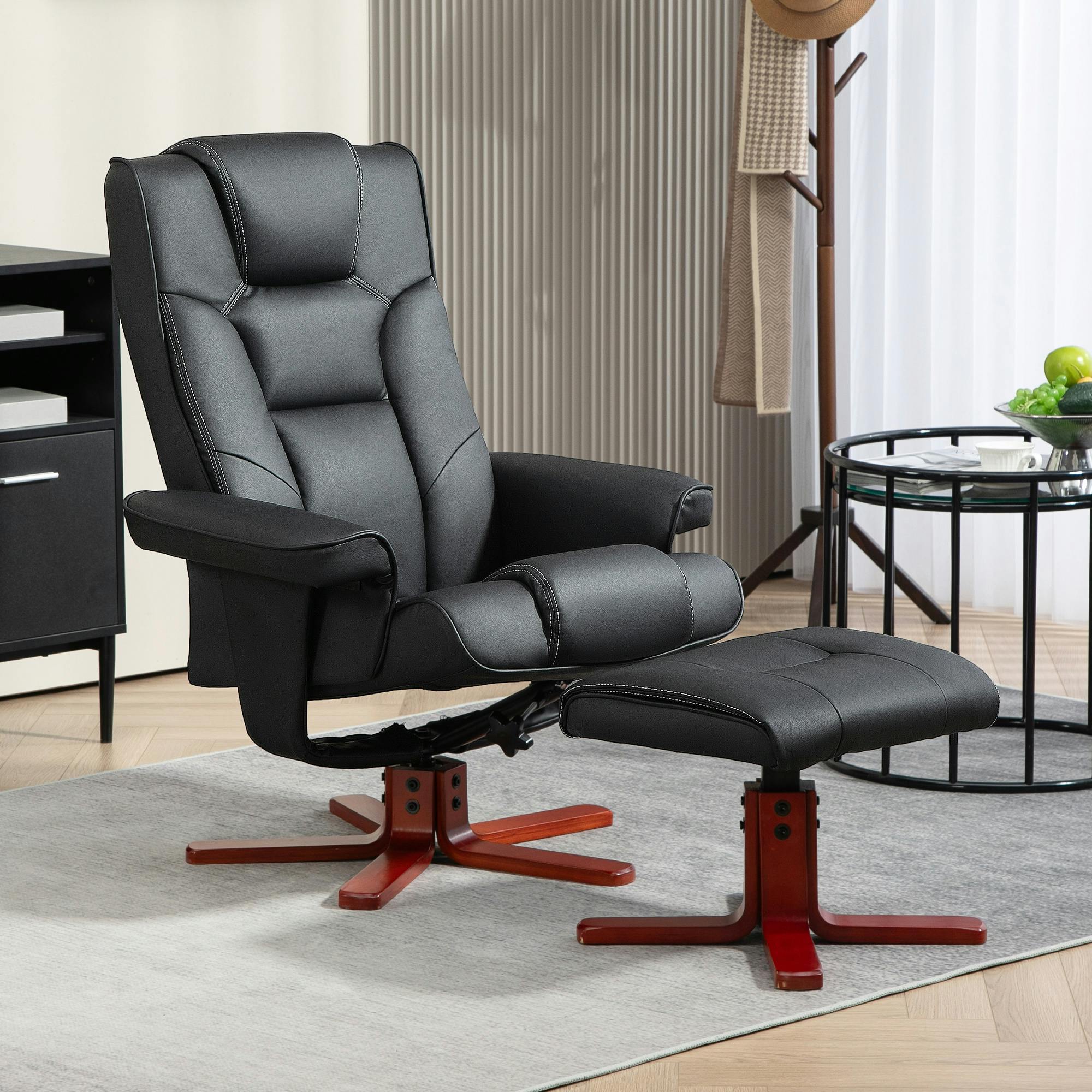 Rackhams Black Reclining Armchair With Footstool Adjustable Backrest - Pu Leather, Wood