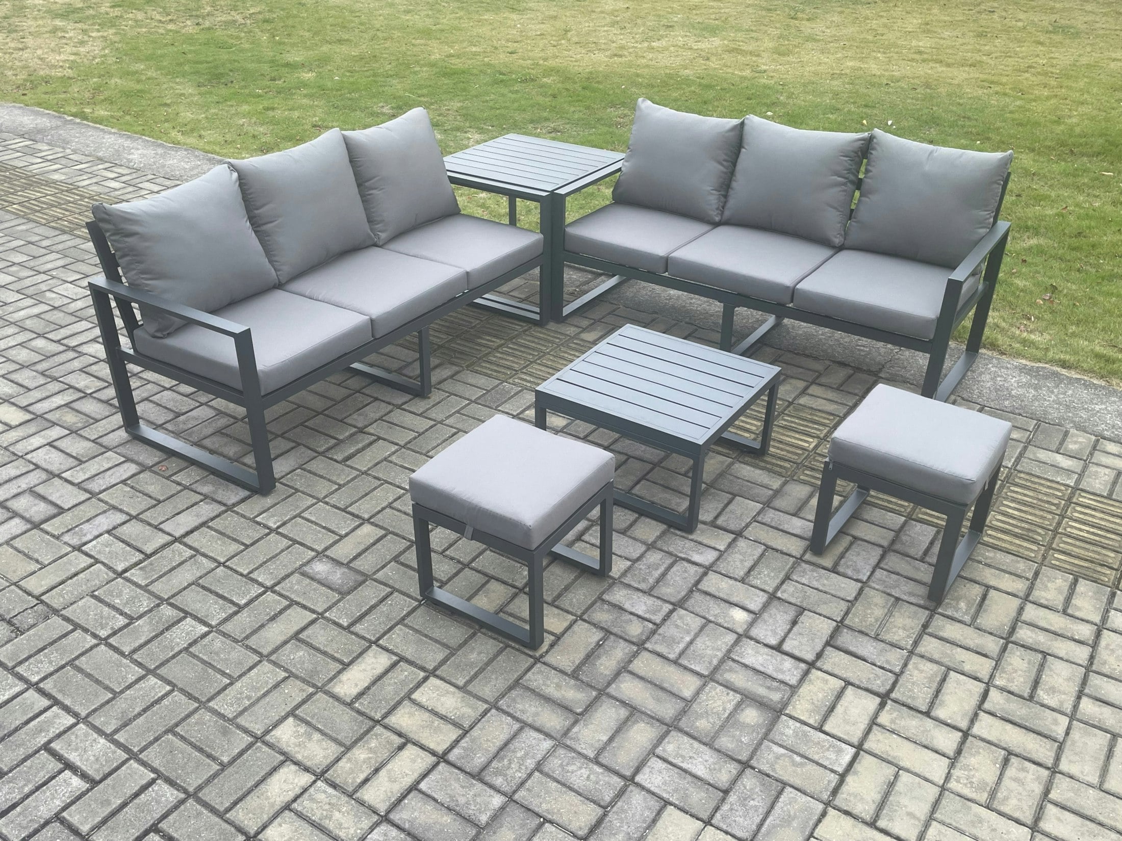 Fimous Dark/Grey Aluminium 6 Pieces Garden Furniture Sofa Set With Cushions 8 Seater With Square Coffee Table 2 Small Footstools Side Table