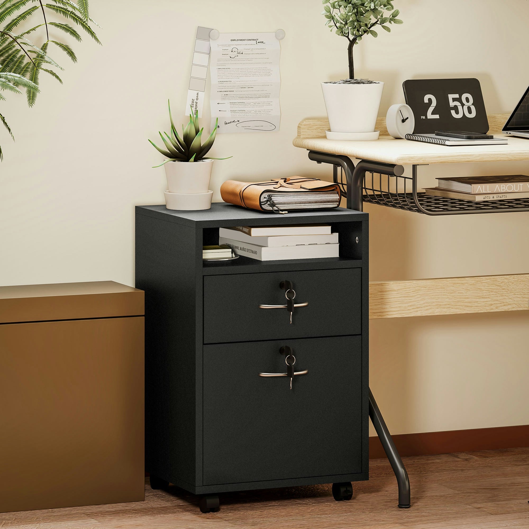 Bobobiy Black 60Cm Filing Cabinet With Drawer, Open Shelf, Metal Handles And 4 Wheels, Office Home Organiser Mobile Printer With Two Locks, - Image 4