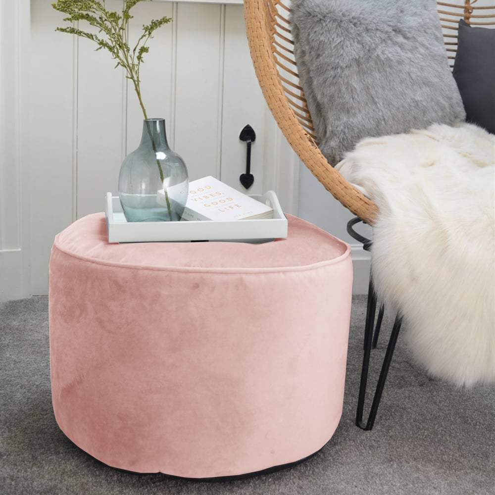 Rackhams Pink Velvet Pouffe - Indoor Bean Bag Footstool