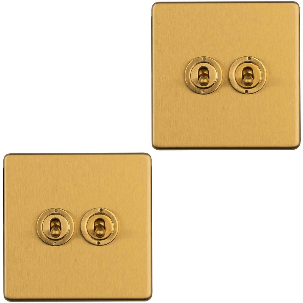 Loops 2 PACK 2 Gang Double Retro Toggle Light Switch SCREWLESS SATIN BRASS 10A 2 Way