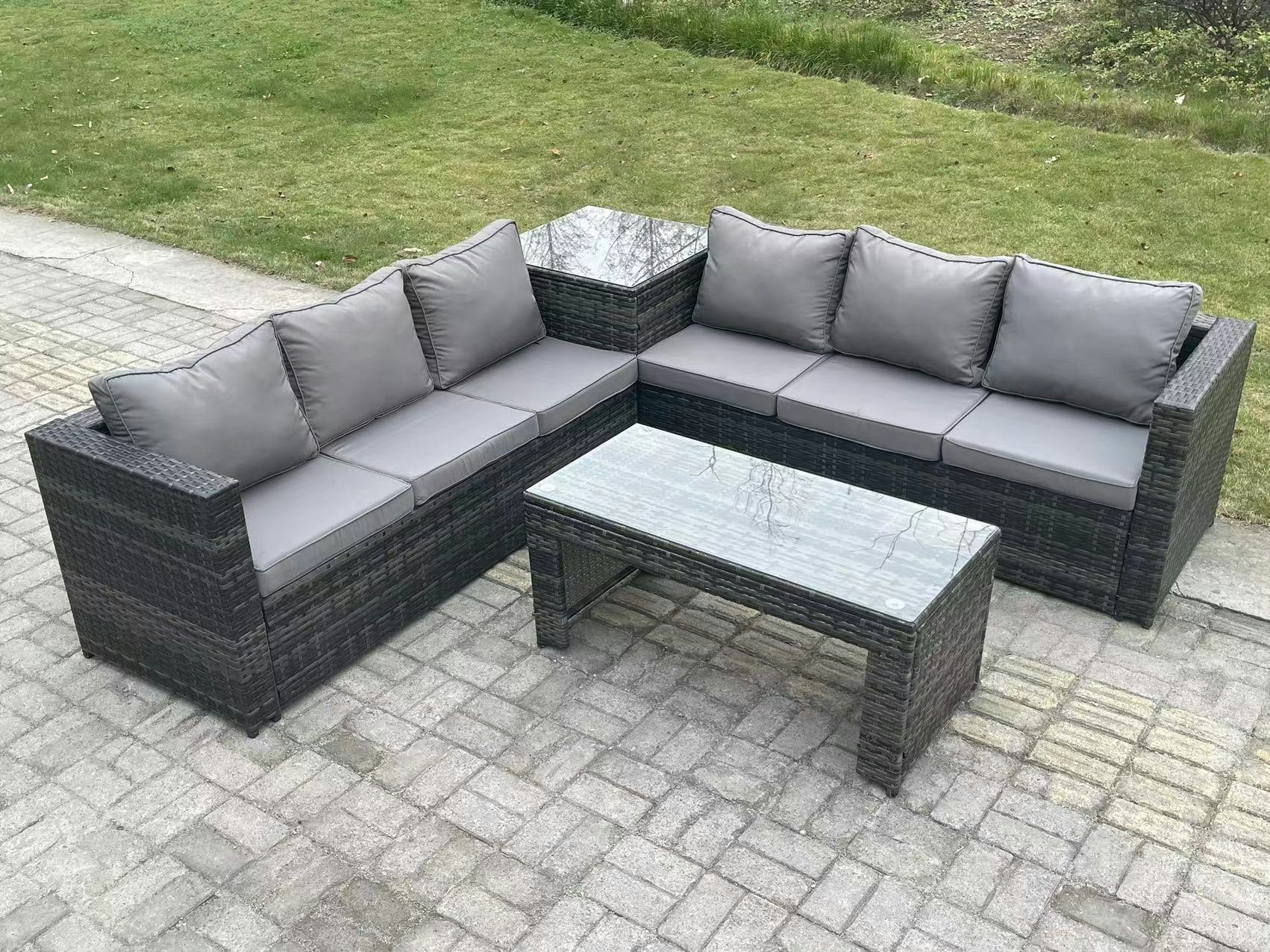 Rackhams Dark/Grey Seater Rattan Corner Sofa Set With Square Side Table And Oblong Rectangular Coffee Tea Table Mixed Size 6