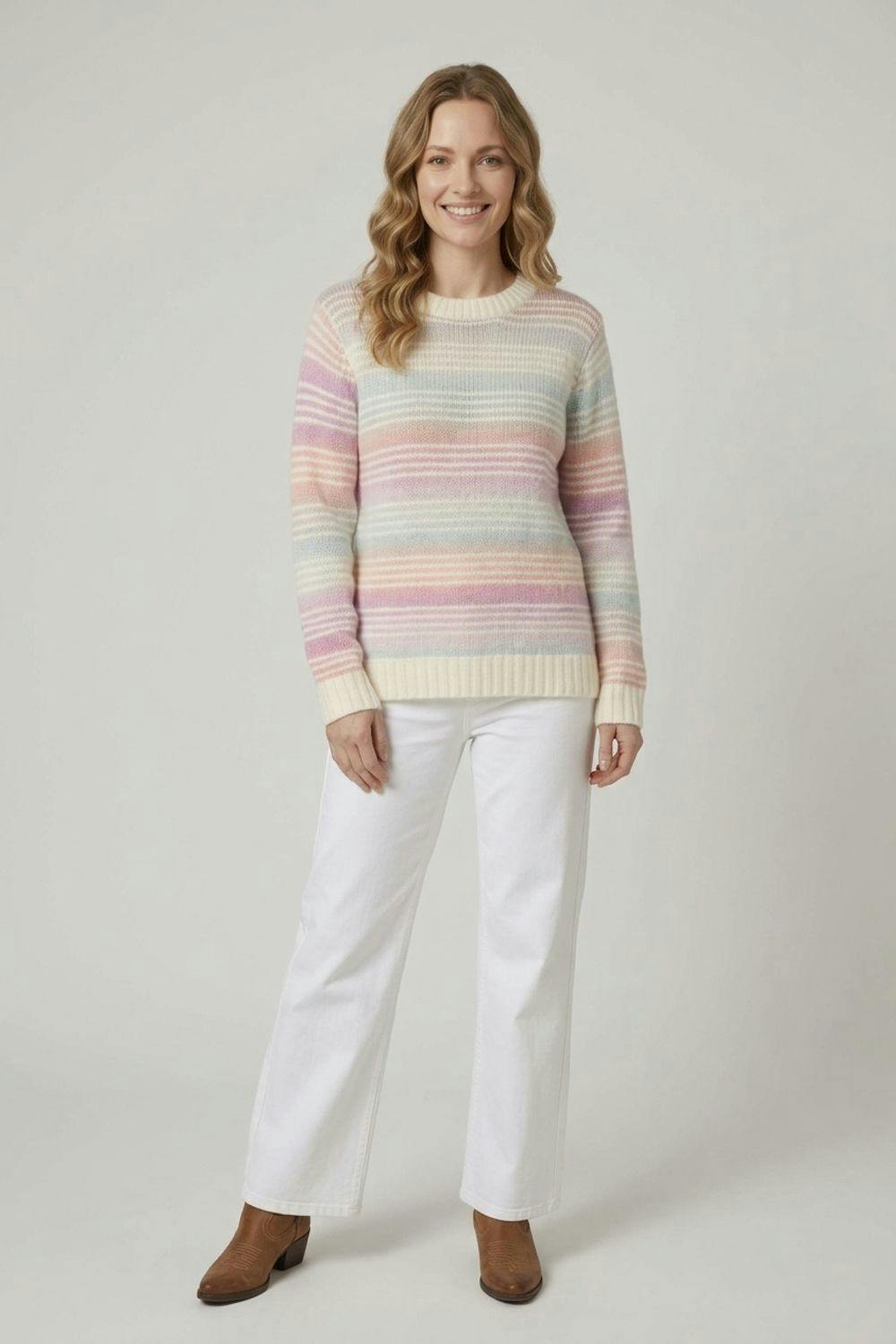 Izabel London White Striped Texture Long Sleeve Jumper - L