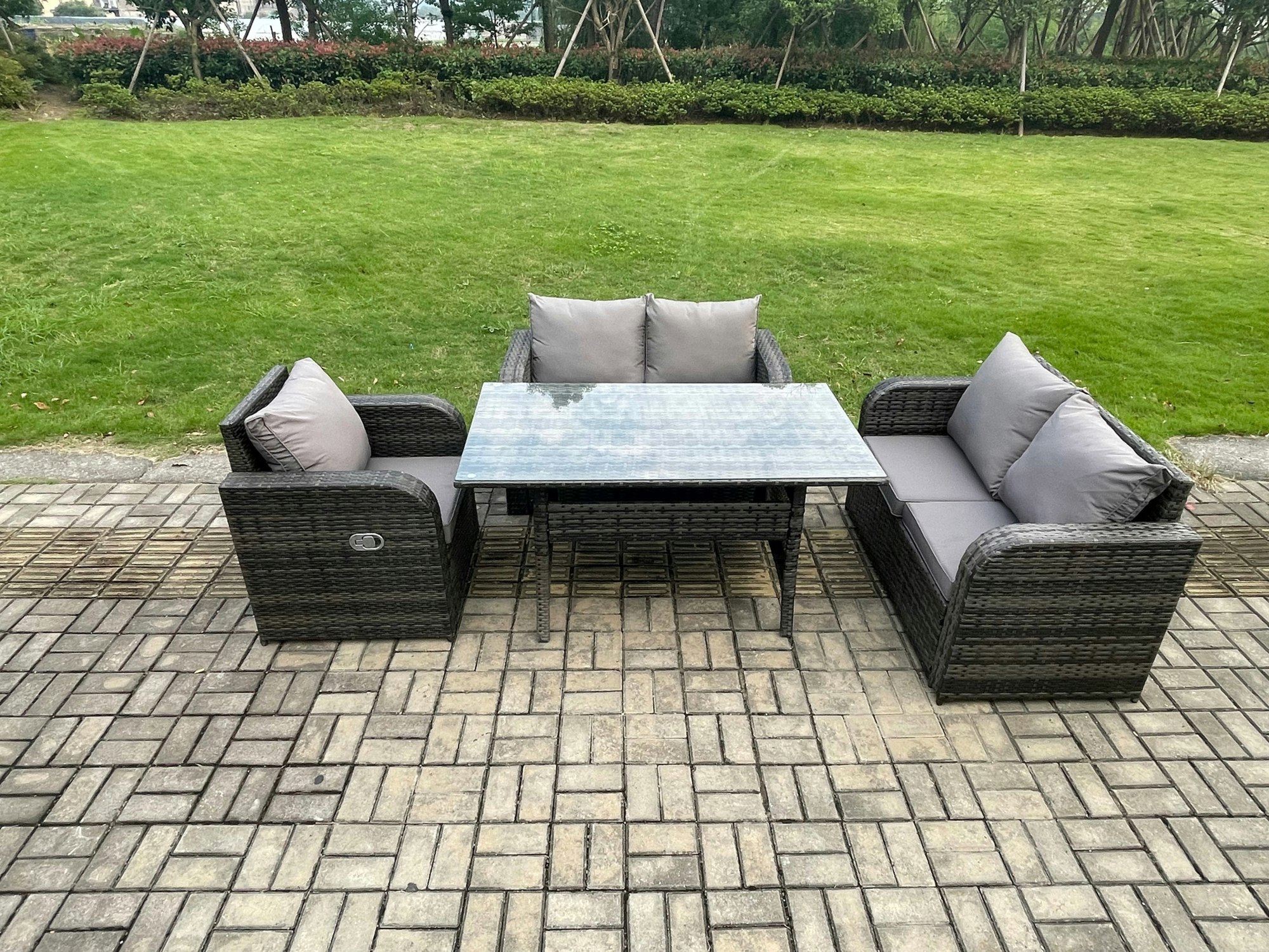 Rackhams Dark/Grey 5 Seater Lounge Rattan Sofa Set Outdoor Garden Furniture Oblong Rectangular Dining Table With Chairs Mixed