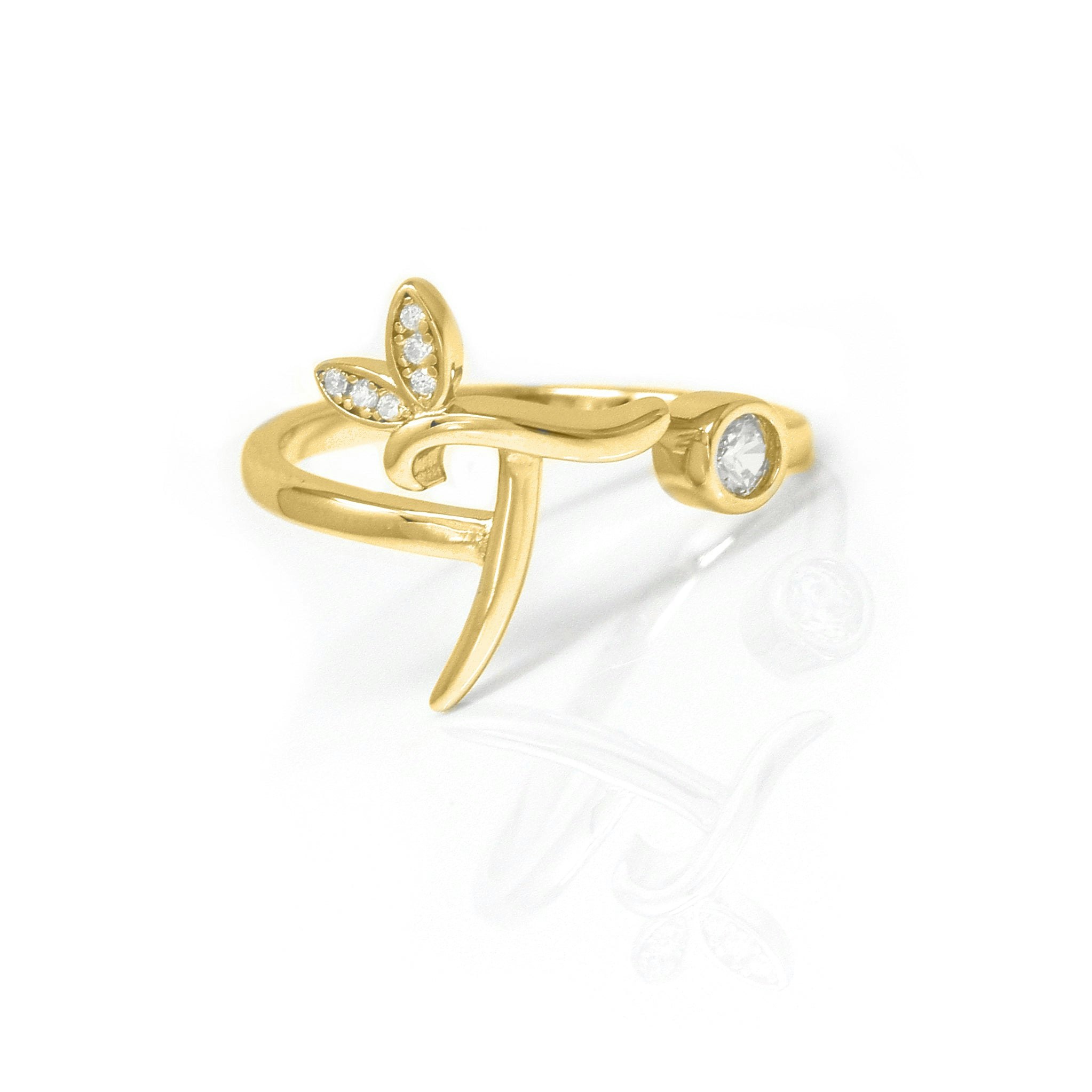 Say It With Yellow/Gold Adjustable Winged Initial Ring - Plated - T