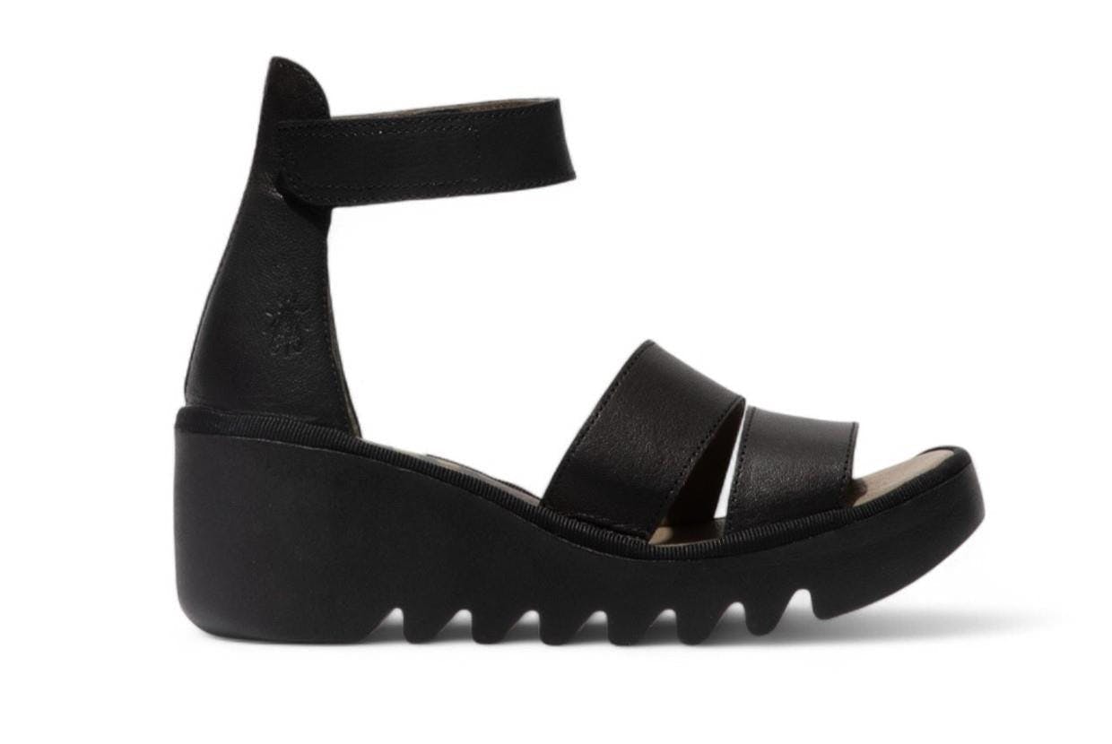 Fly London Women's Black Bono290fly Mousse Leather Wedge Sandals - Uk 9 | Eu 42 | Us 10.5