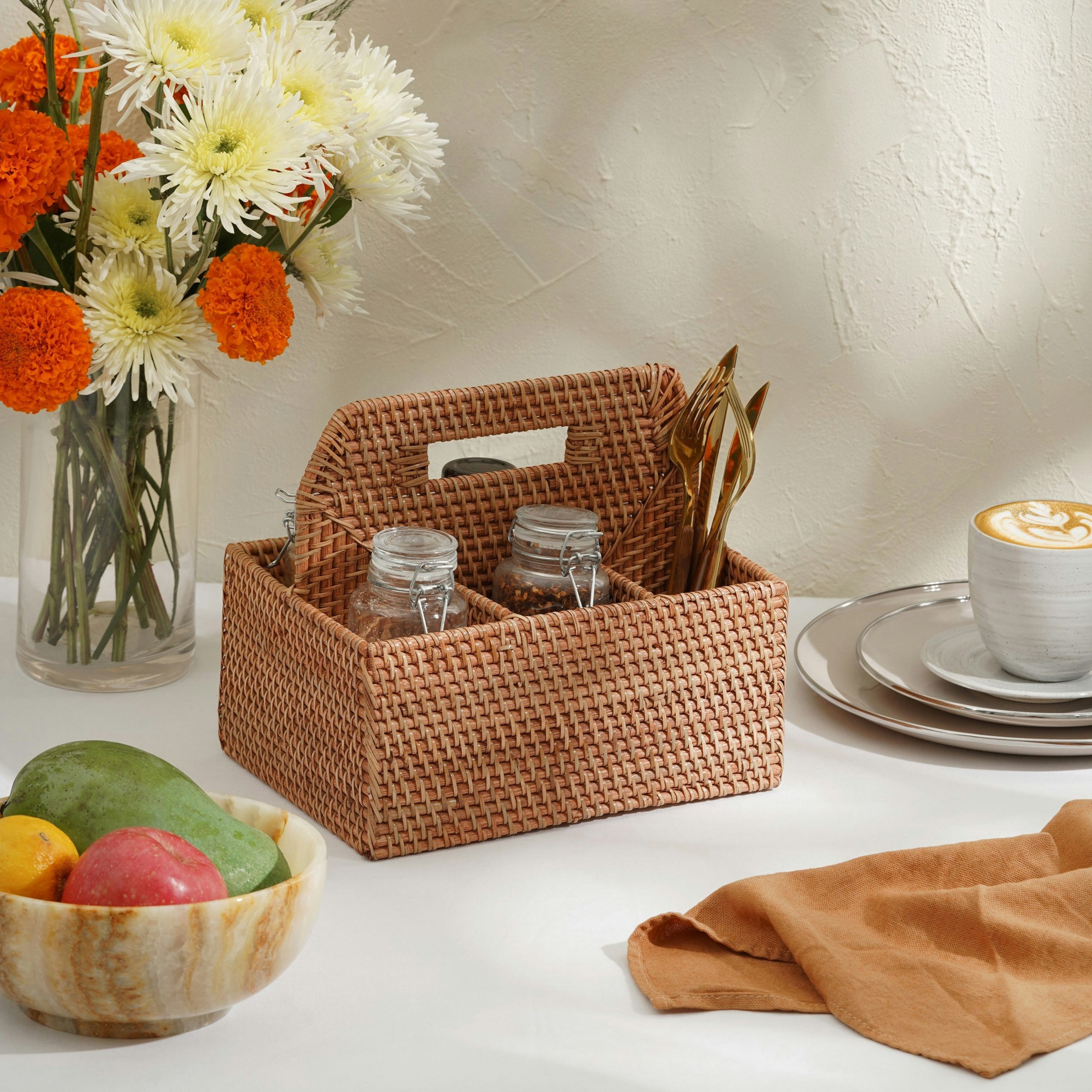 Rackhams Brown Rattan Condiment And Cutlery Basket Holder - Honey