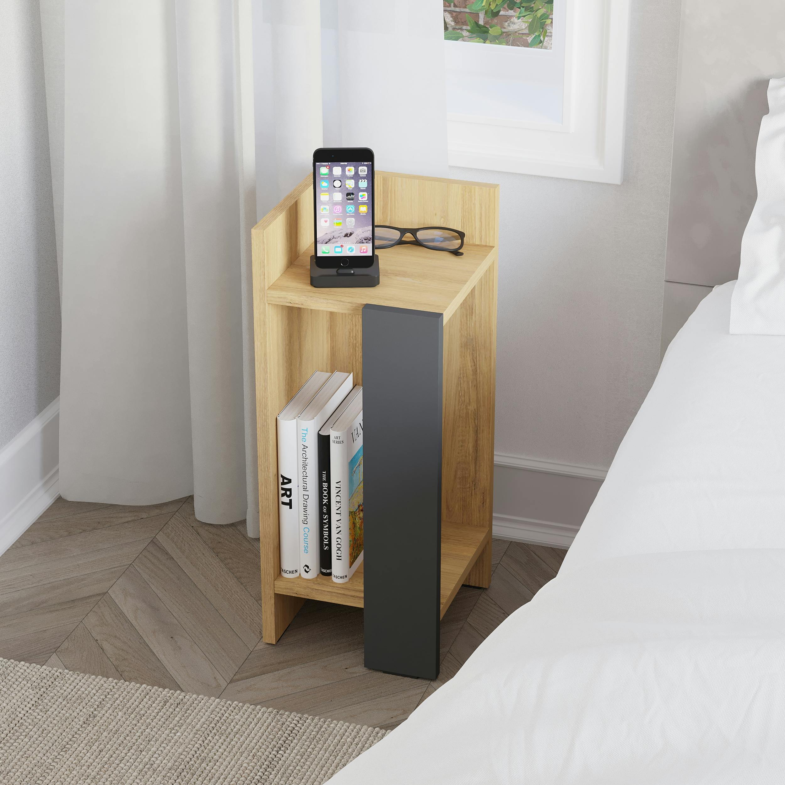 Rackhams Anthracite Elos Modern Bedside Table Left Module Narrow 25Cm - Oak