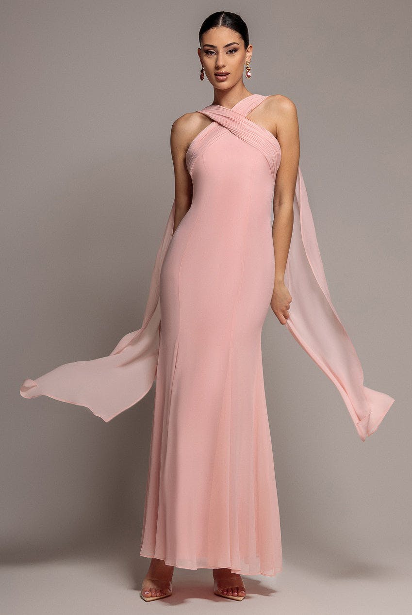 Goddiva Pink Cross Front Scarf Back Chiffon Mermaid Maxi Dress - Blush By - Blush - 14