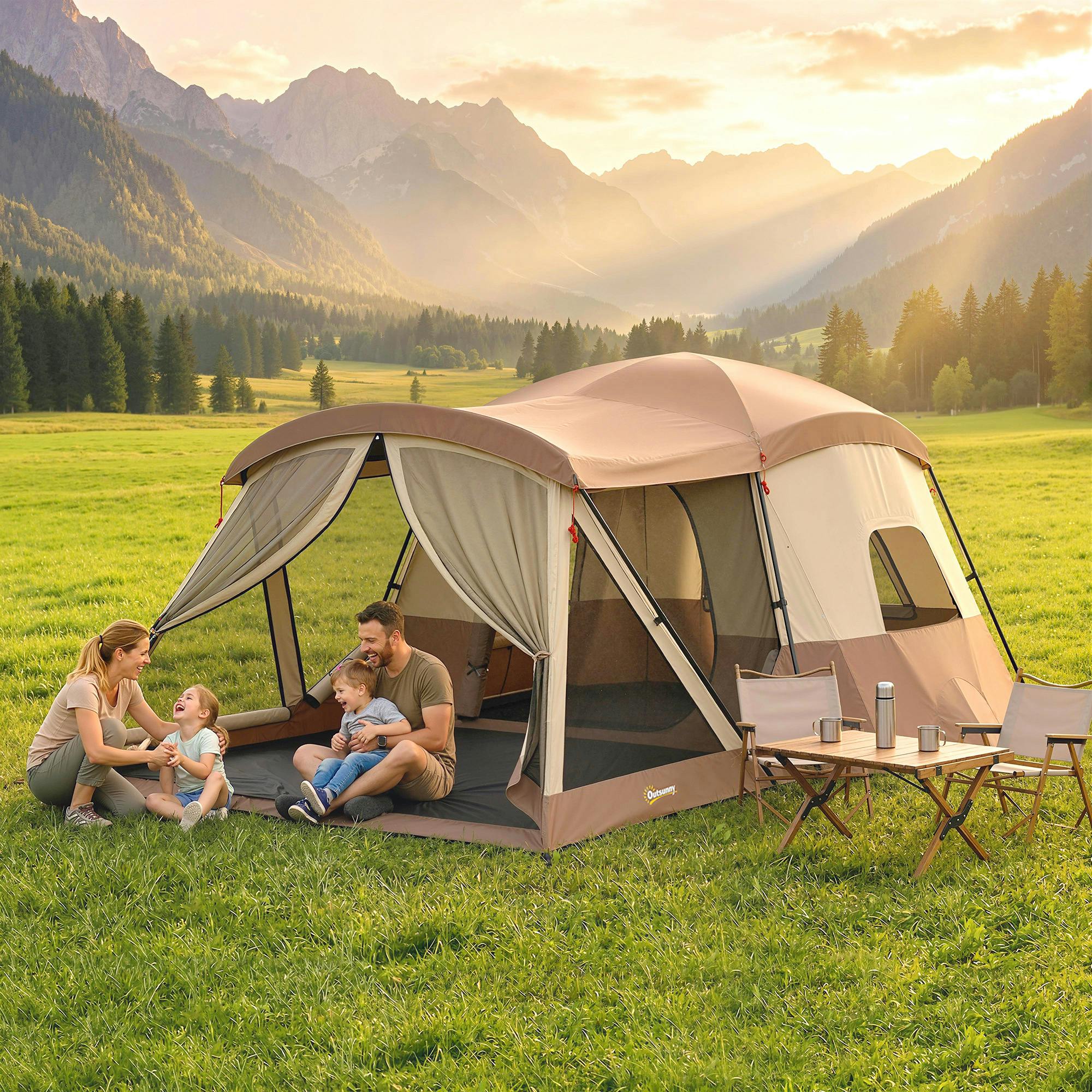 Outsunny Brown Camping Tent Waterproof For 4 Person - 1 - Tunnel Tent - 4