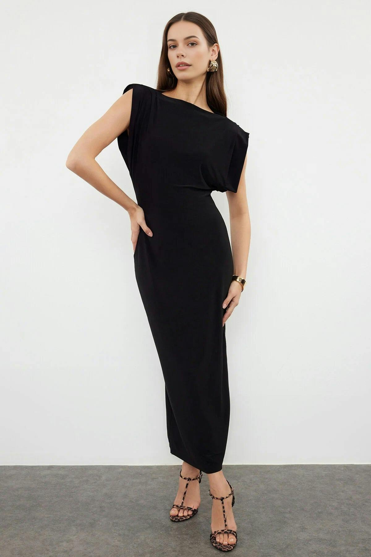 Wovcor Black Padded Draped Bodycon Midi Dress - Xl