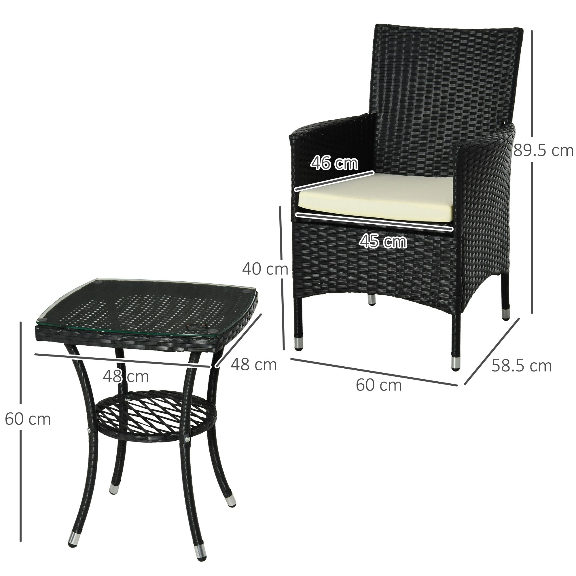 Outsunny Brown/Black Rattan Bistro Set Garden Chair Table Patio Outdoor, - 60Cmx58.5cmx89.5cm - Steel, Pe Rattan, Polyester
