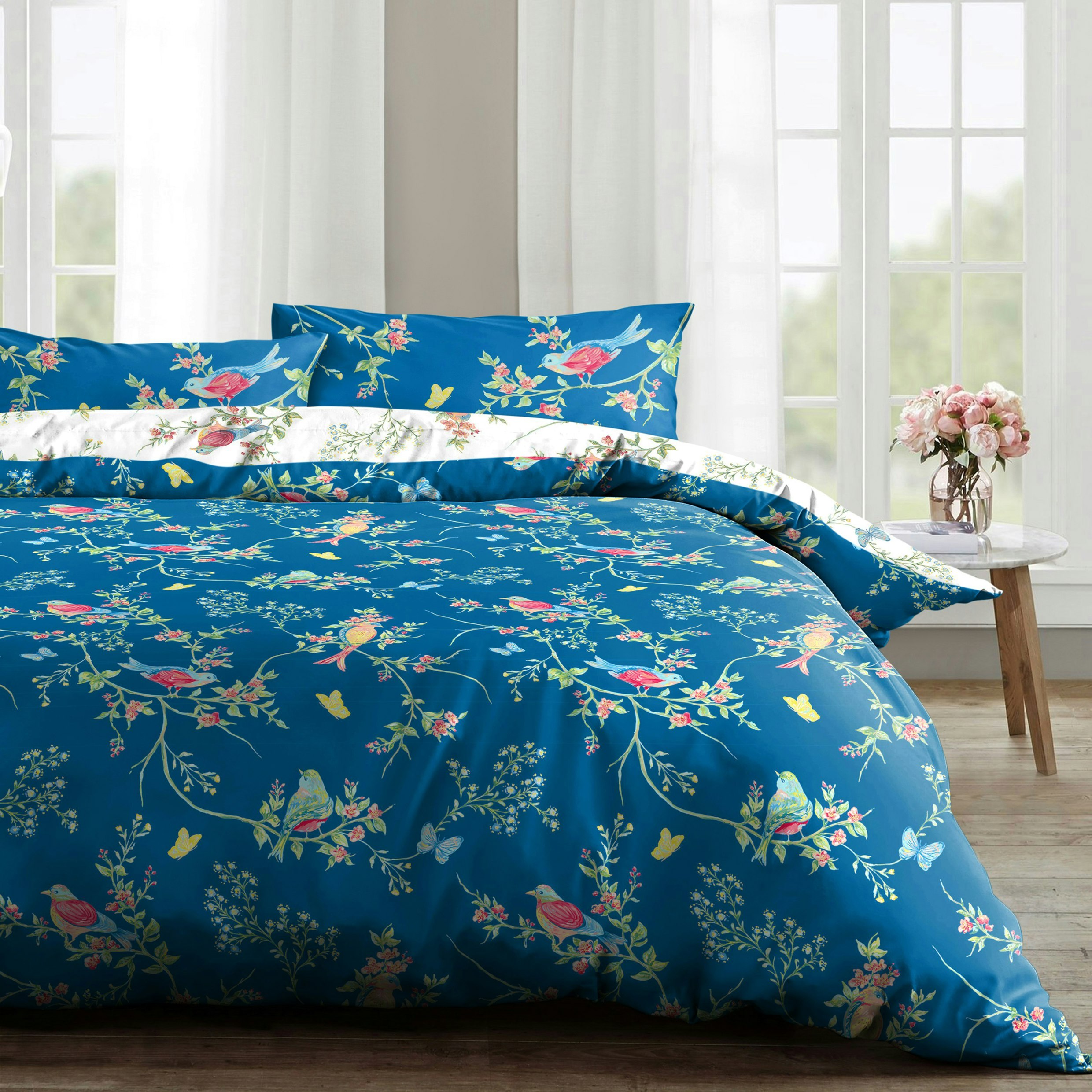 Rackhams Birds Floral Printed Cotton Blend Duvet Cover And Pillowcase Set - Navy - Double