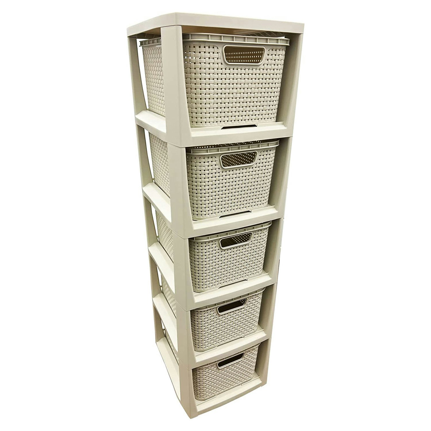 Rackhams Cream/Grey 3 ,4 Or 5 & Stylish Rattan Effect Storage Tower Commode Baskets - 5 Drawer