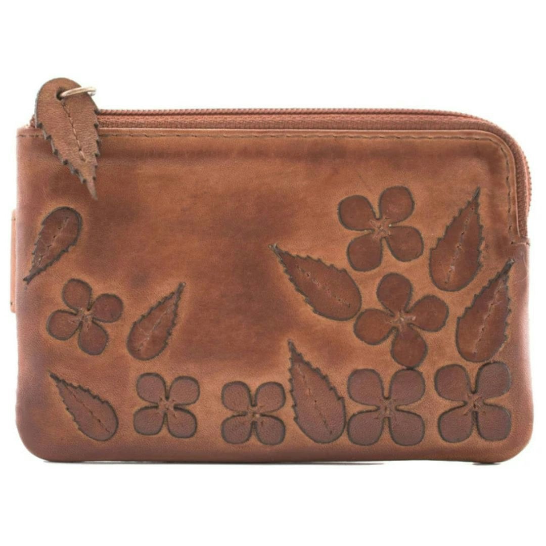 Mala Leather Wild Bloom Classic Tan Floral Leather Coin & Card Purse - Tan
