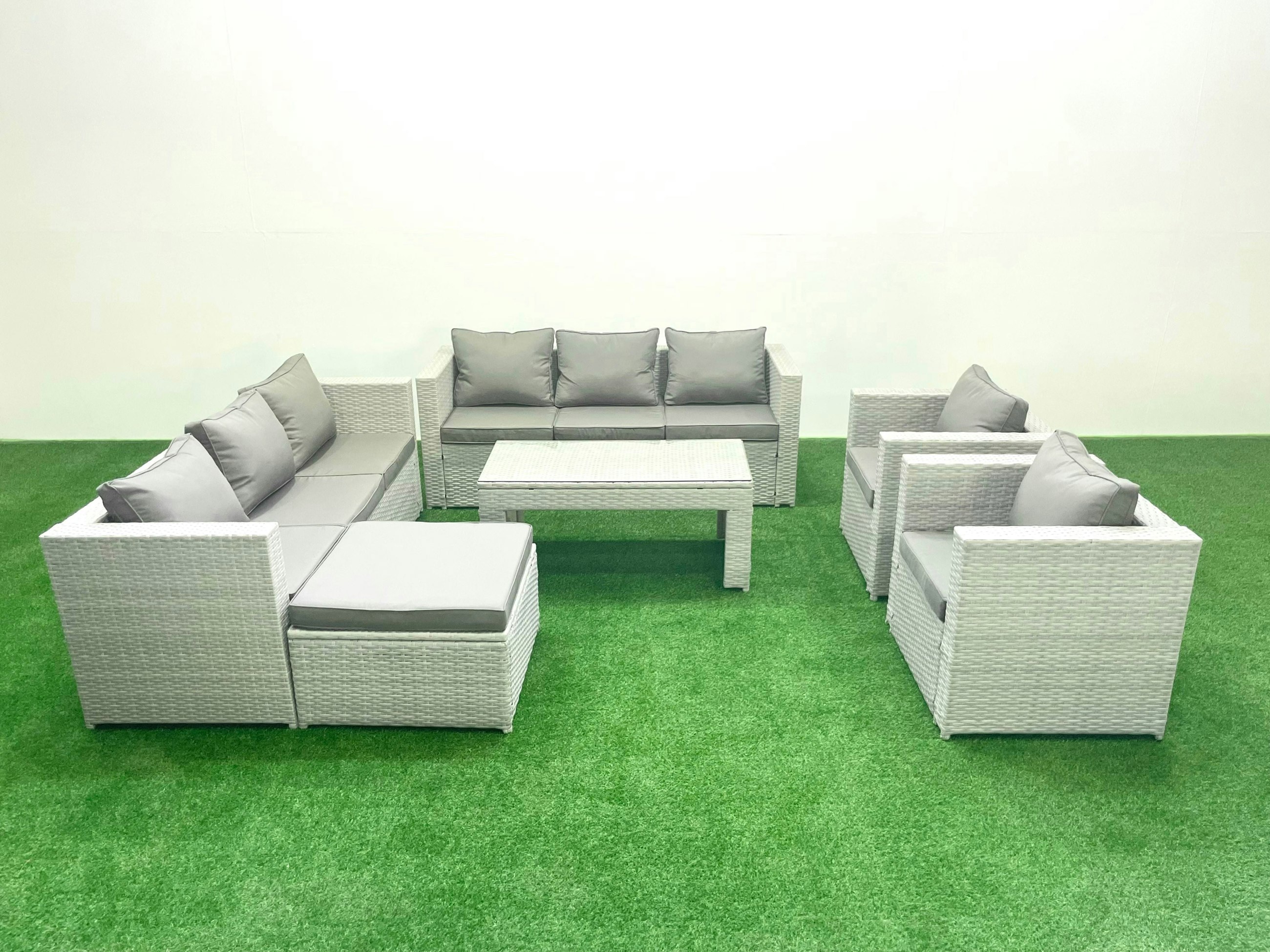 Fimous Light/Grey Outdoor Garden Furniture Rattan Sofa Set With 2 Armchairs Oblong Coffee Table Big Footstool Mixed