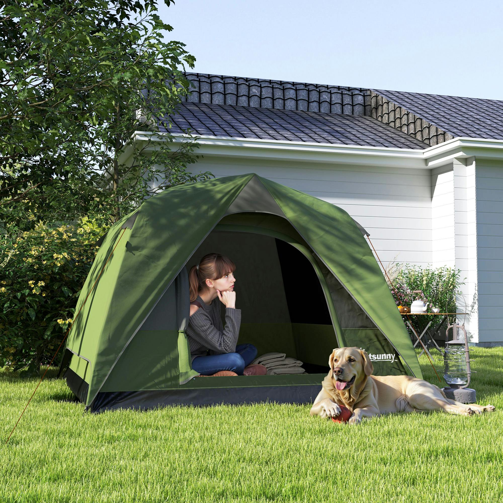 Outsunny 3-4 Person Camping Tent, Waterproof Tent, Olive Green And Grey - Image 4
