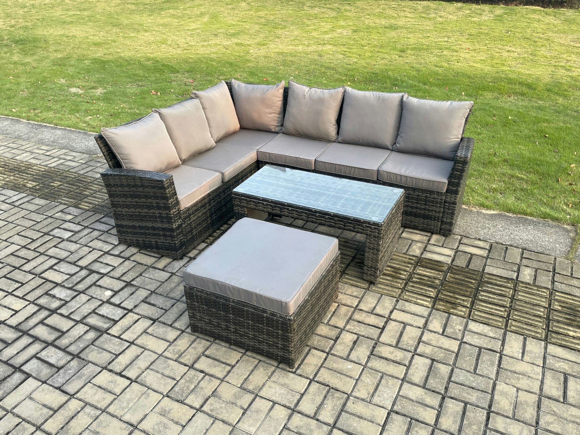 Rackhams Dark/Grey 7 Seat Rattan Garden Furniture Corner Sofa Set Outdoor Patio Sofa Table Set With Big Footstool Mixed